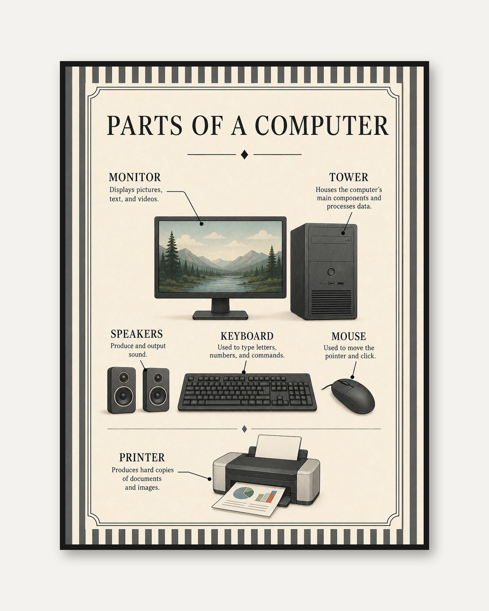 Parts of a Computer: Vintage Educational Diagram Poster - framed