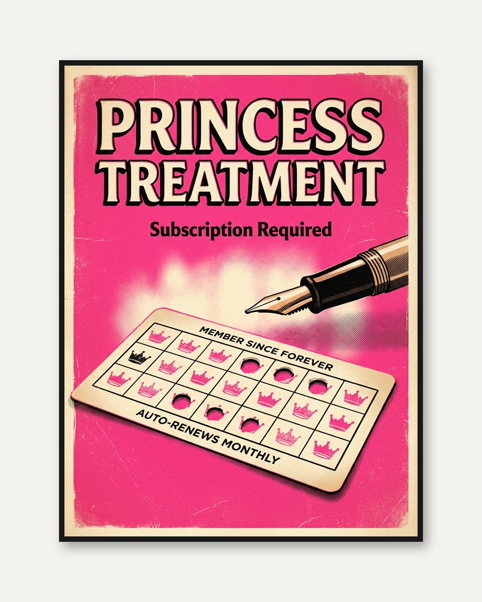 Princess Treatment Retro Wall Art: Pink Satirical Pop Art Poster - framed