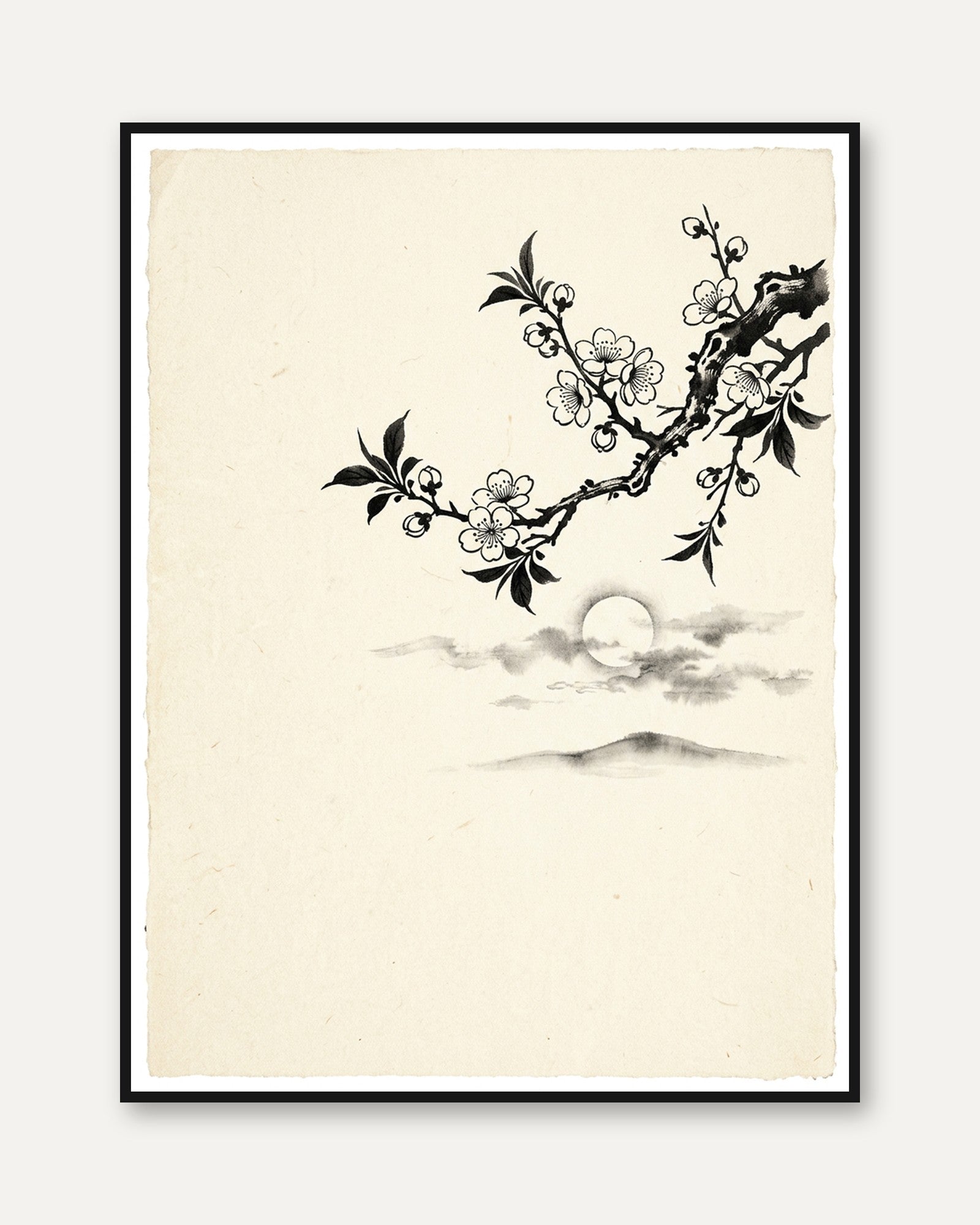 Cherry Blossom Branch Art Print: Traditional Japanese Ink Painting - framed