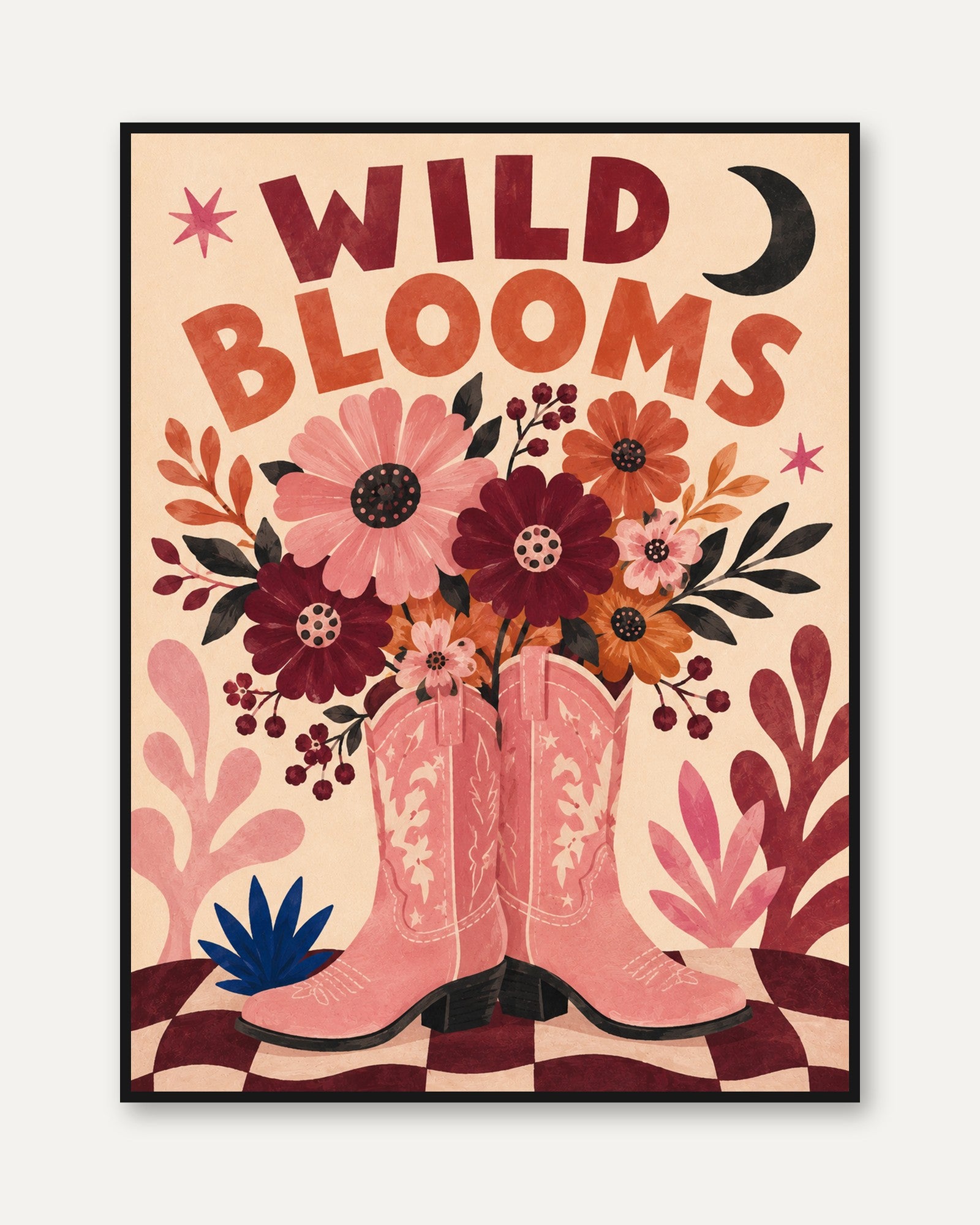 Wild Blooms Cowboy Boots Print: Retro Western Floral Wall Art - framed