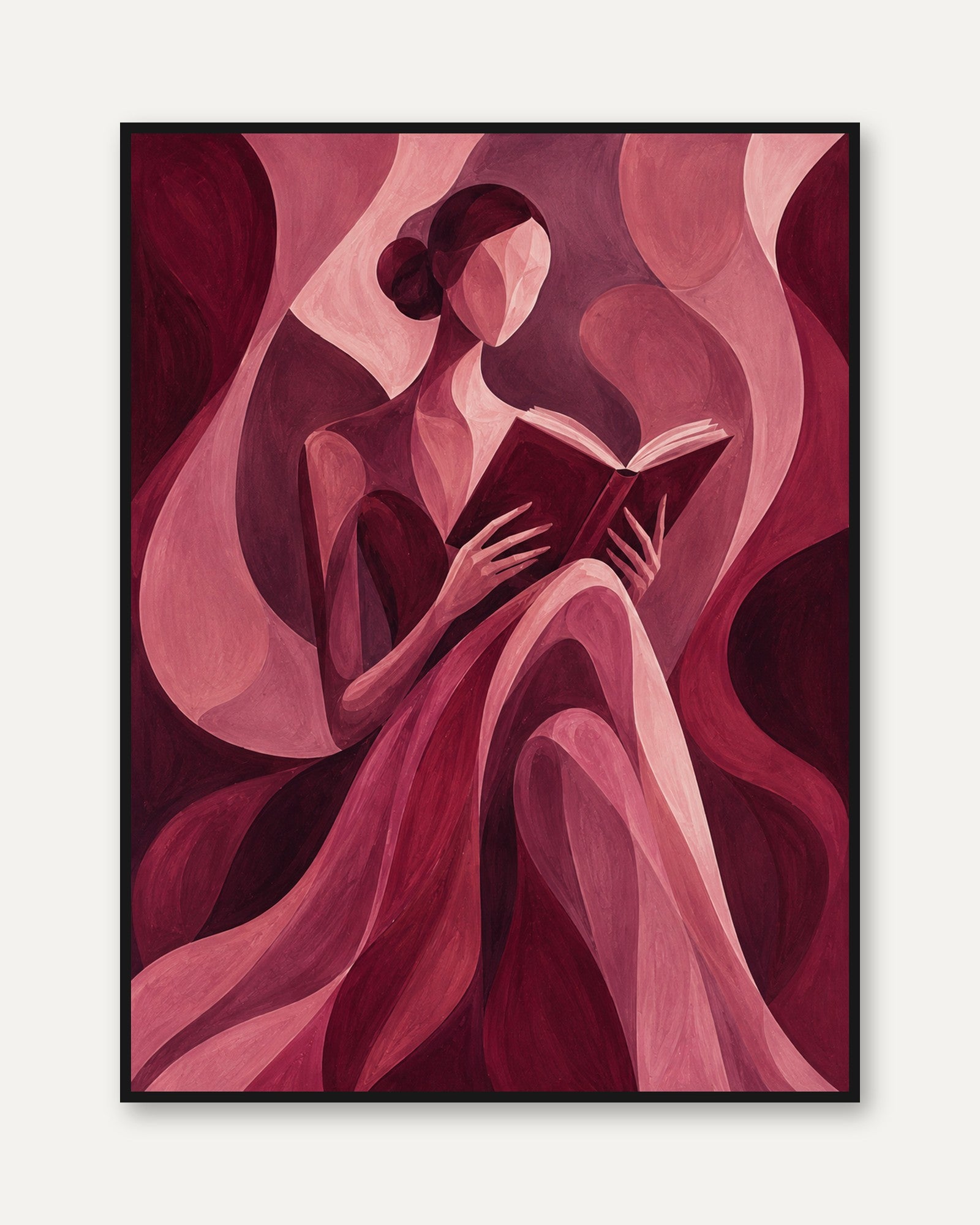 Reading Woman Art Print: Cubist Style Pink and Burgundy Design - framed