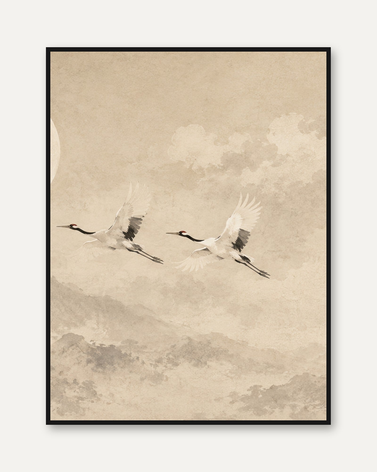 Flying Cranes Art Print: Japanese Watercolor Sepia Landscape - framed