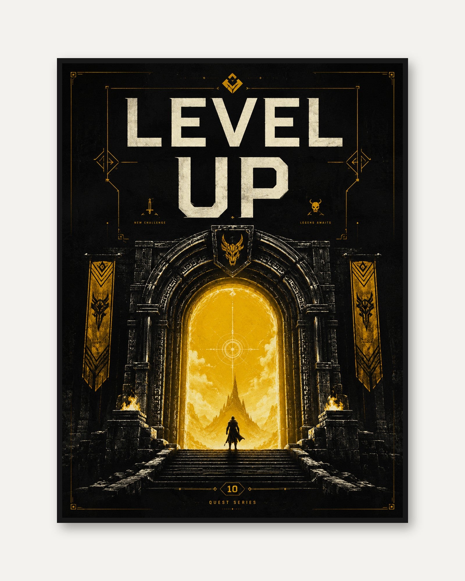 Level Up Gaming Poster: Art Deco Fantasy Portal in Gold and Black - framed