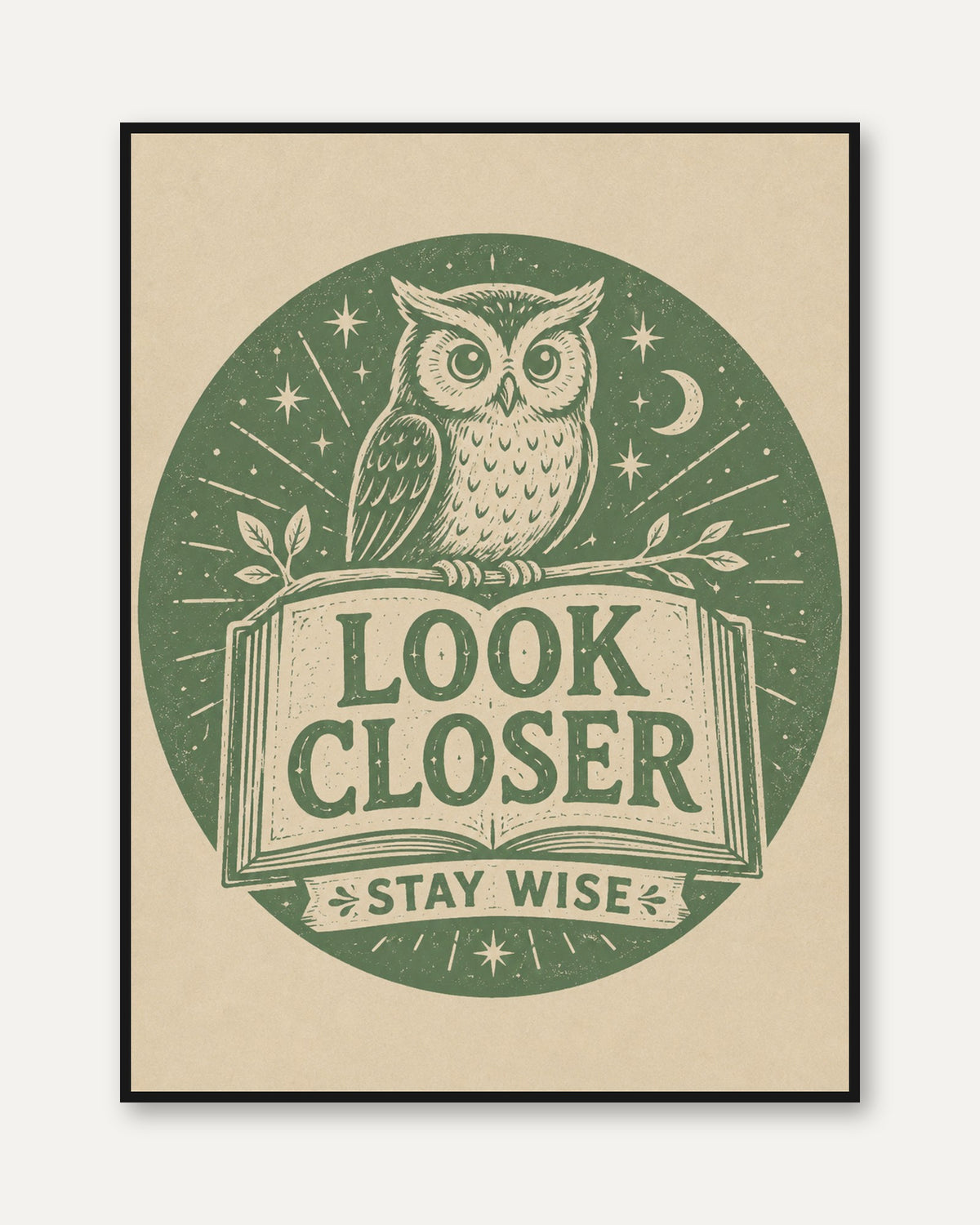 Vintage Owl and Book Print: Green Wisdom Typography Art - framed