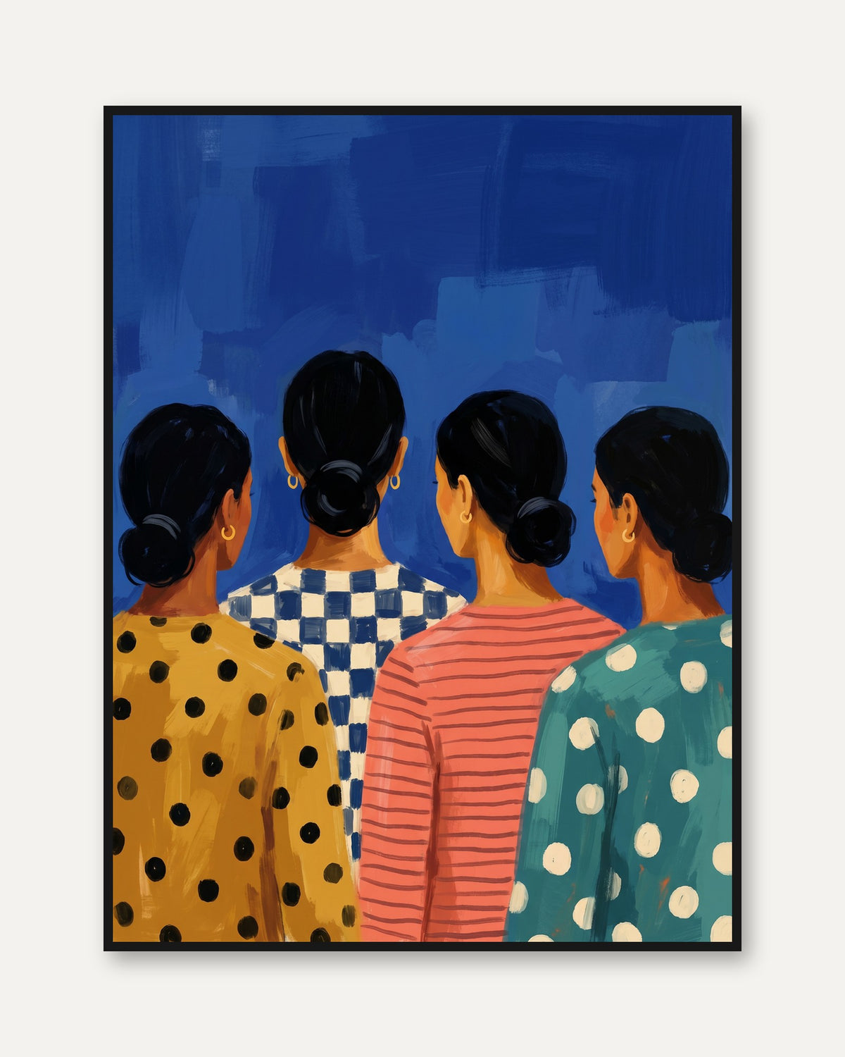 Figurative Women Print — Four Figures in Patterned Dresses - framed