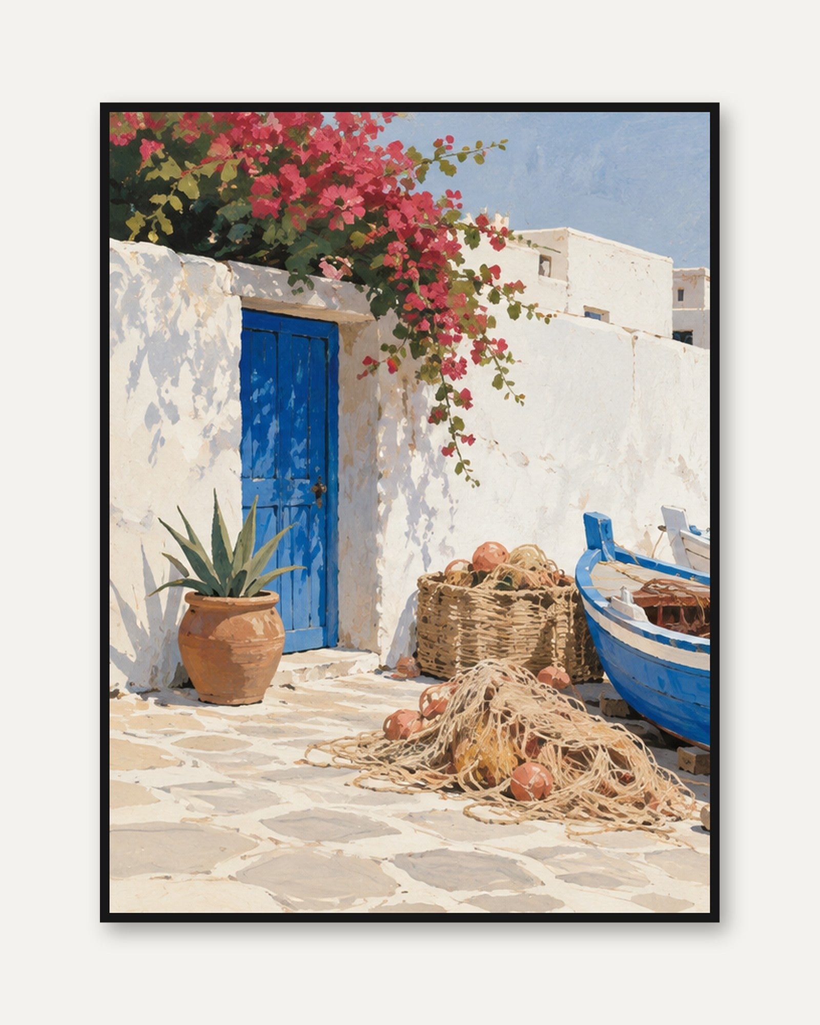 Greek Island Courtyard with Blue Door: Mediterranean Wall Art - framed