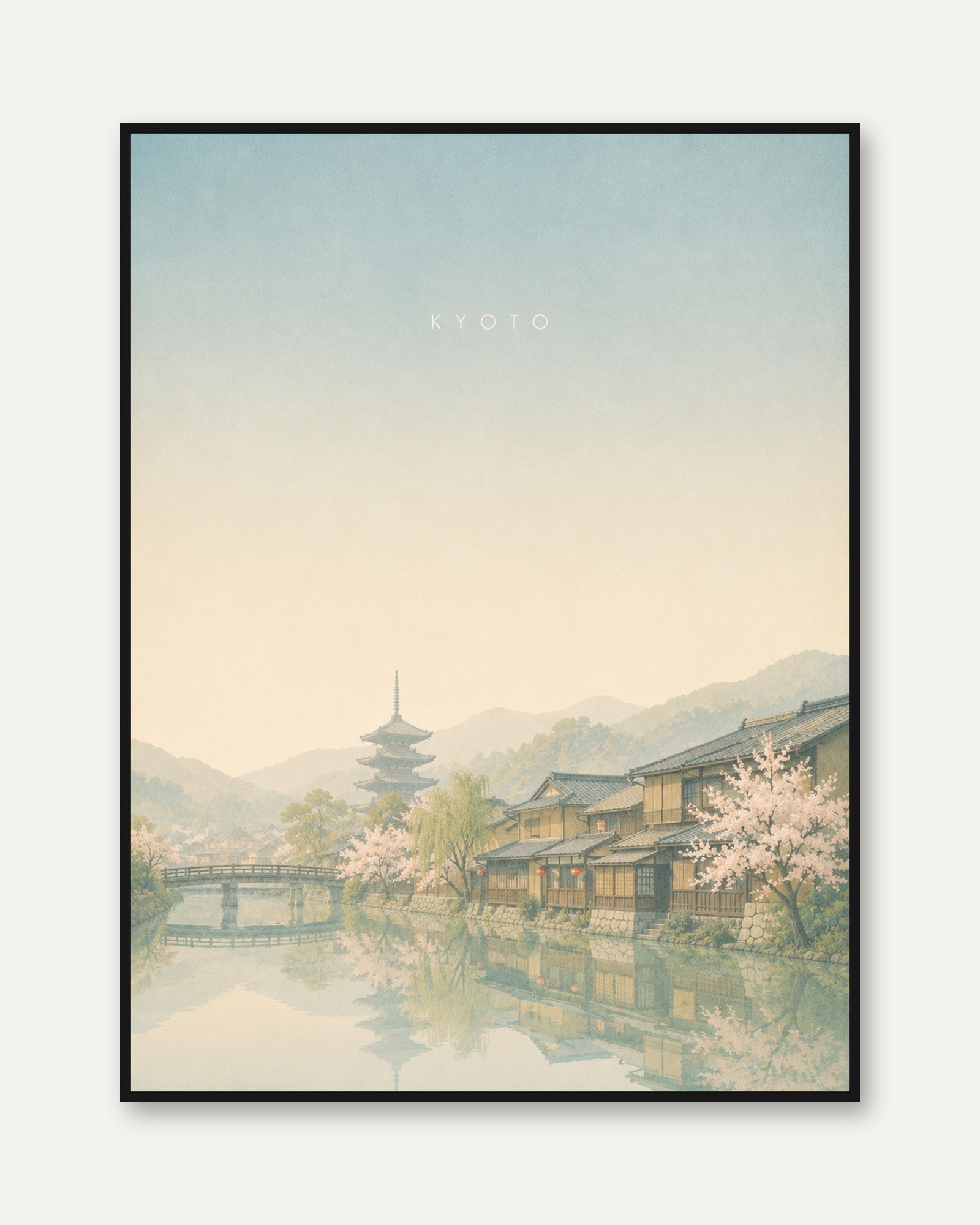 Kyoto Temple Landscape Print: Soft Pastel Japanese Cityscape Art - framed