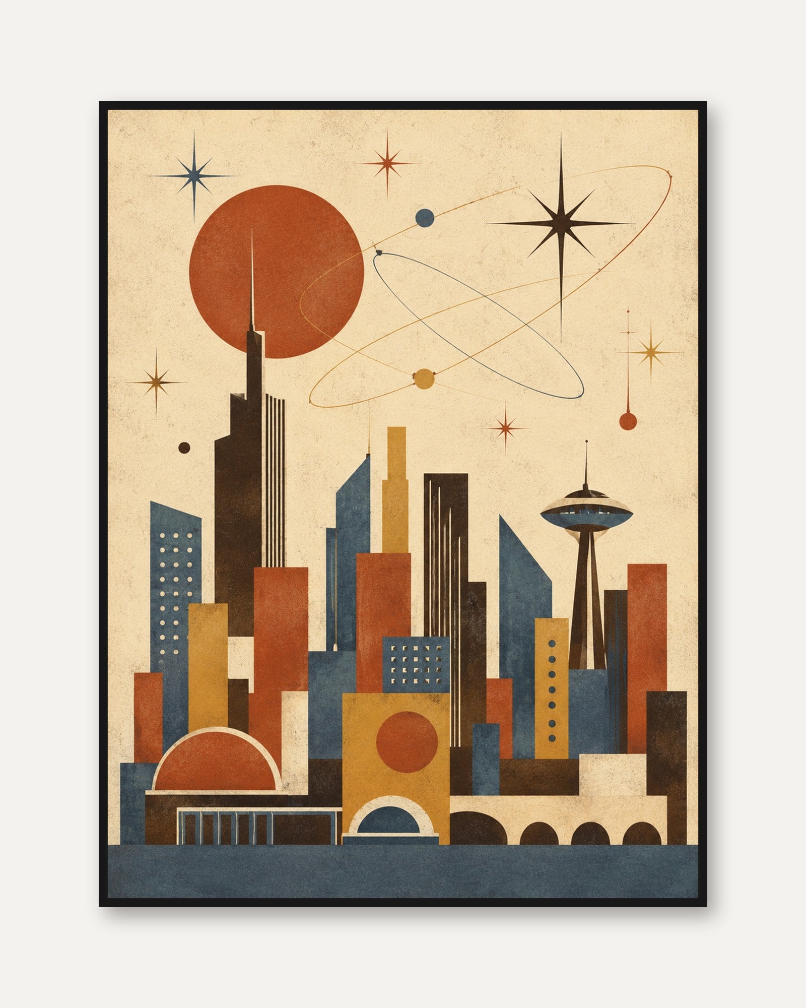 Retro Futuristic Cityscape Art Print: Mid-Century Modern Space Age - framed