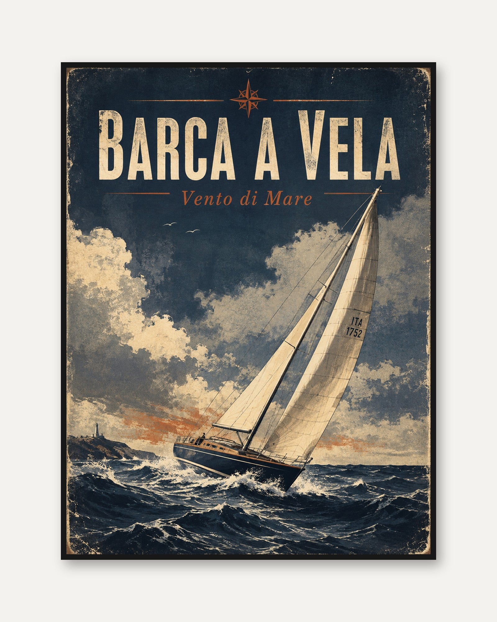 Vintage Italian Sailing Poster: Navy Blue Nautical Wall Art - framed