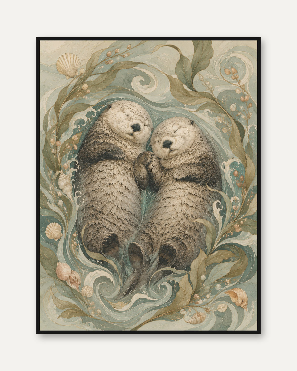 Sea Otters Holding Hands Art Print: Art Nouveau Ocean Wildlife - framed