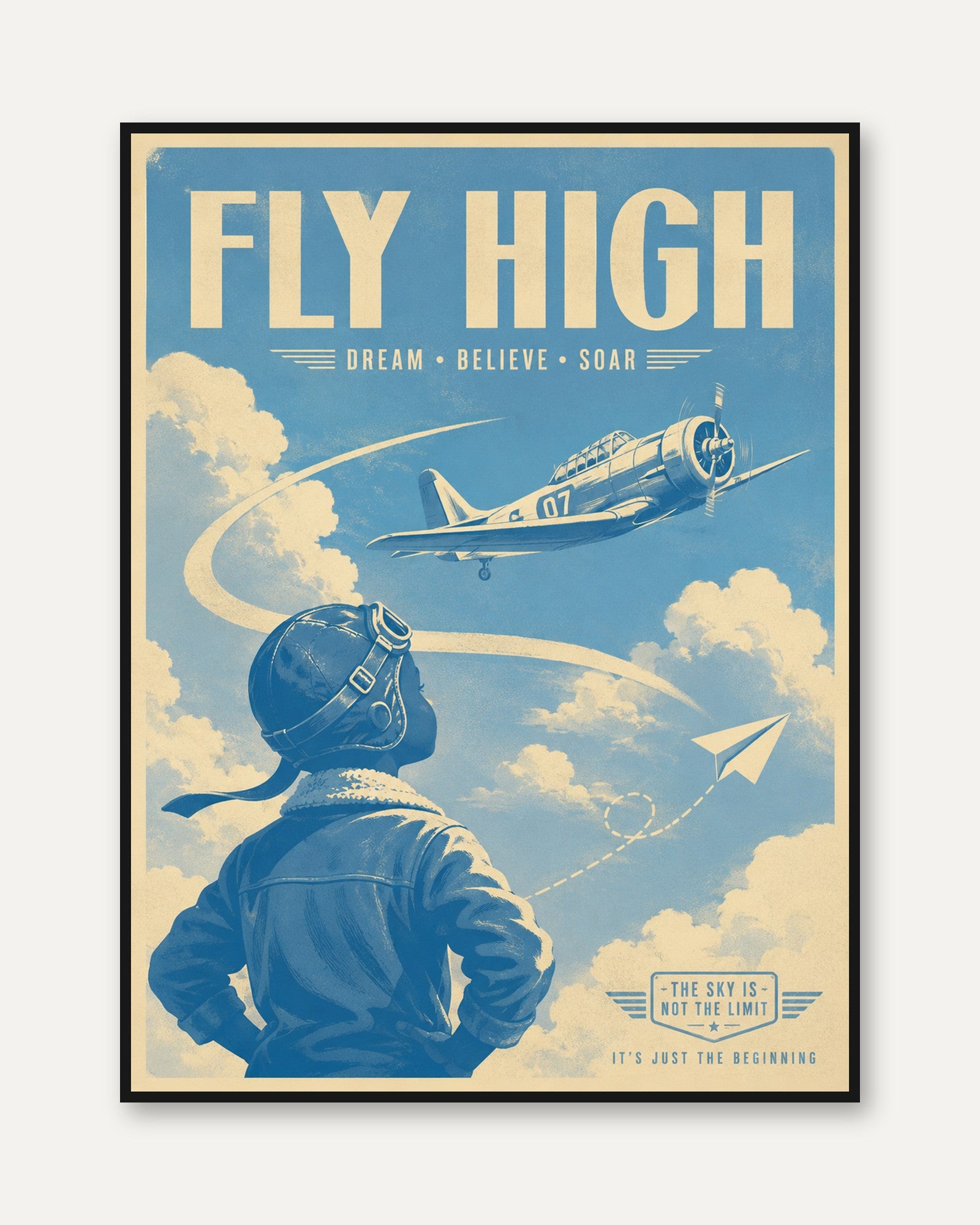 Fly High Vintage Aviation Poster: Retro Pilot Wall Art - framed