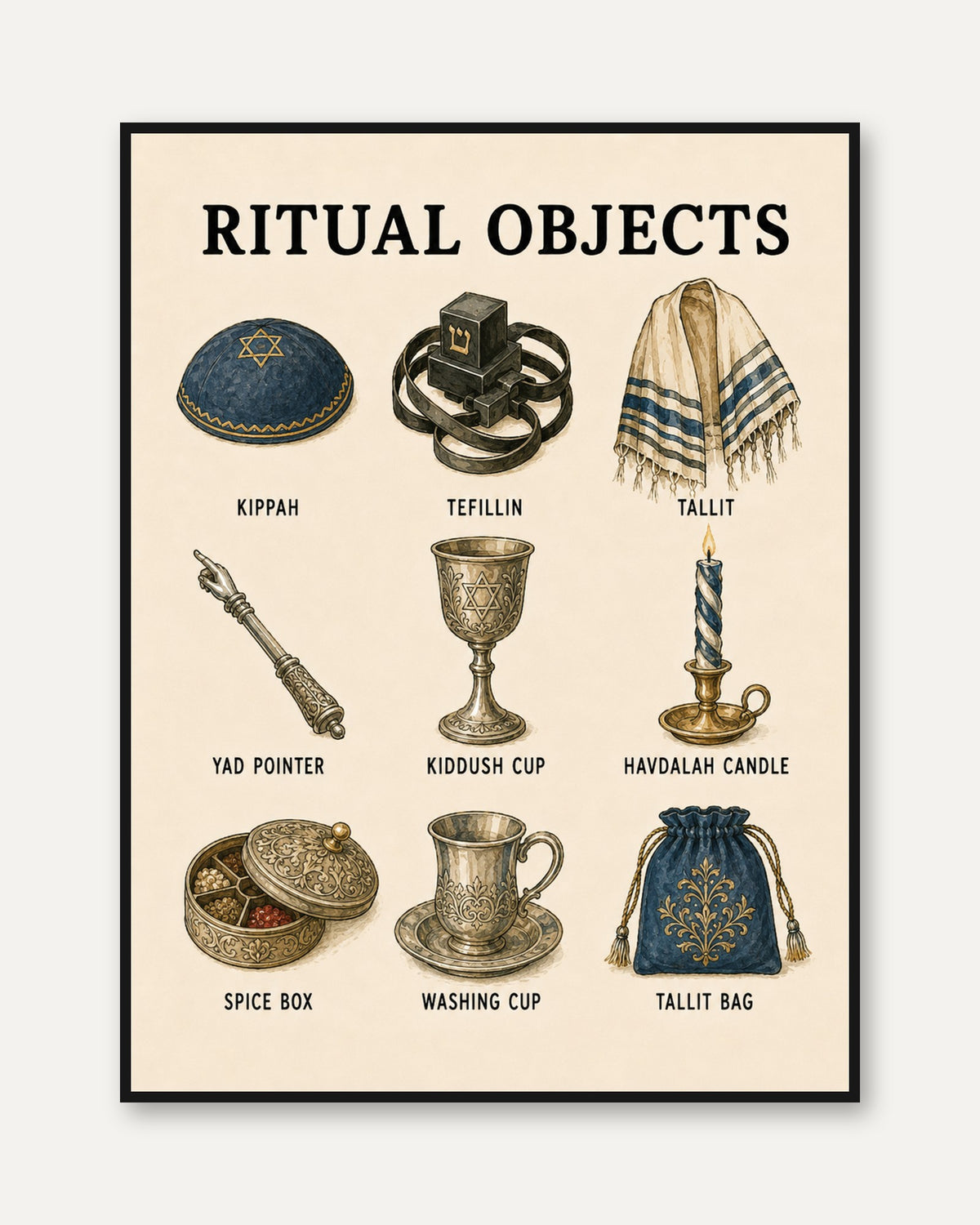 Jewish Ritual Objects Art Print: Traditional Ceremonial Items - framed