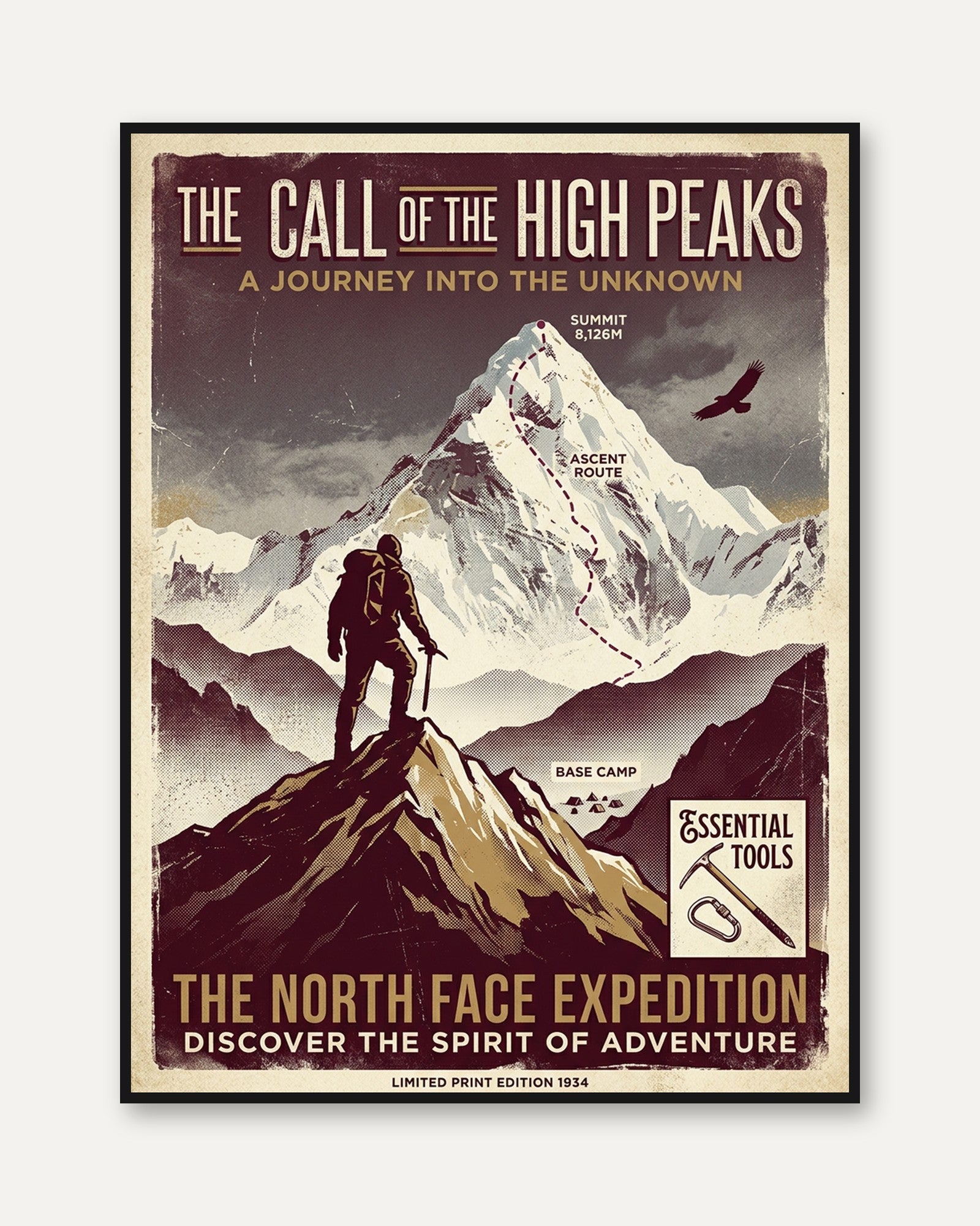 Vintage Mountain Climbing Poster Print — Retro North Face Expedition - framed