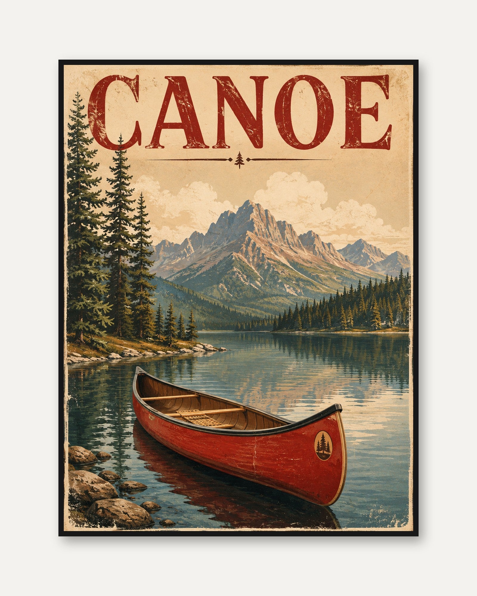 Vintage Canoe Mountain Lake Poster: Retro Wilderness Travel Art - framed