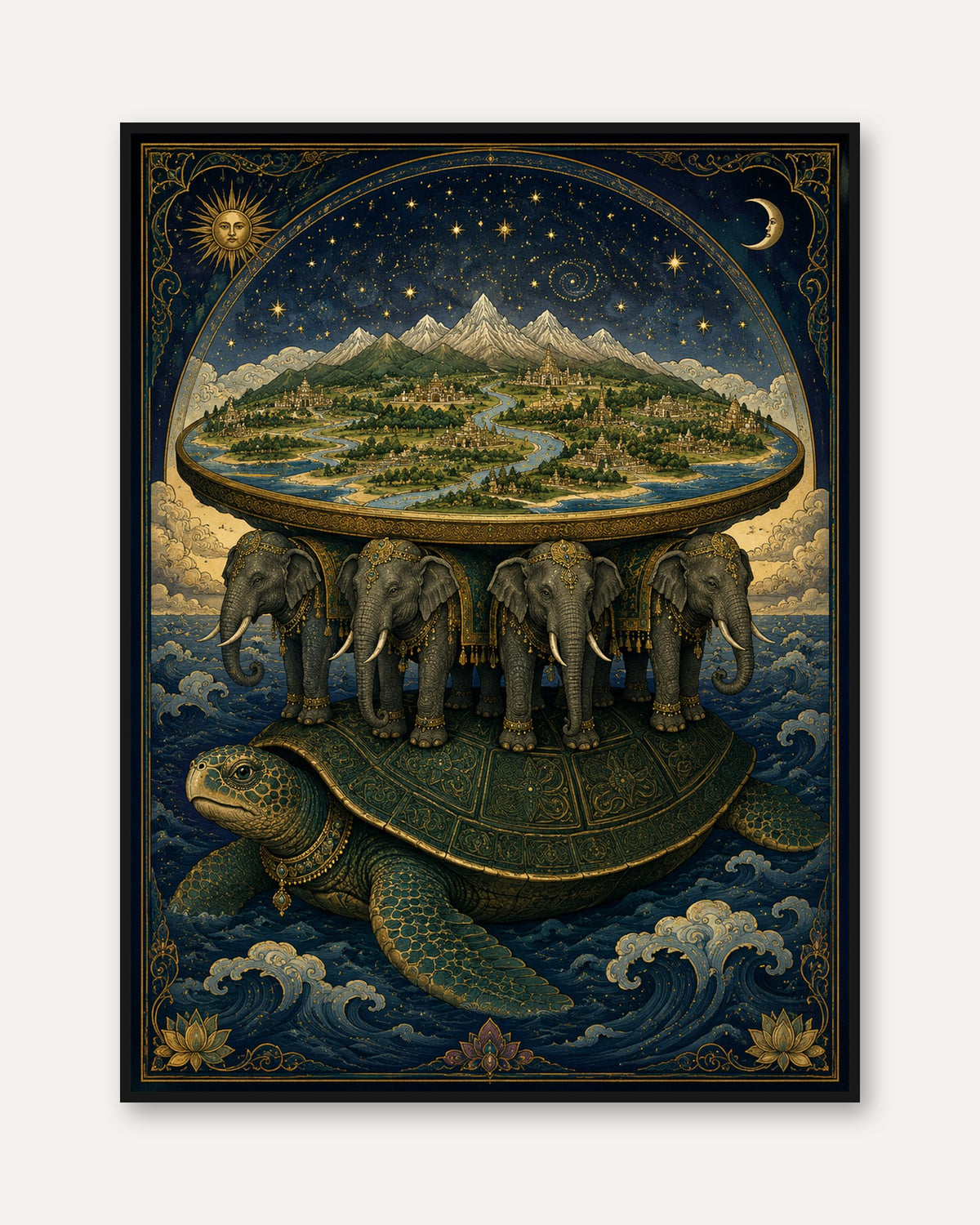 World Turtle Mythology Print: Flat Earth Design - framed