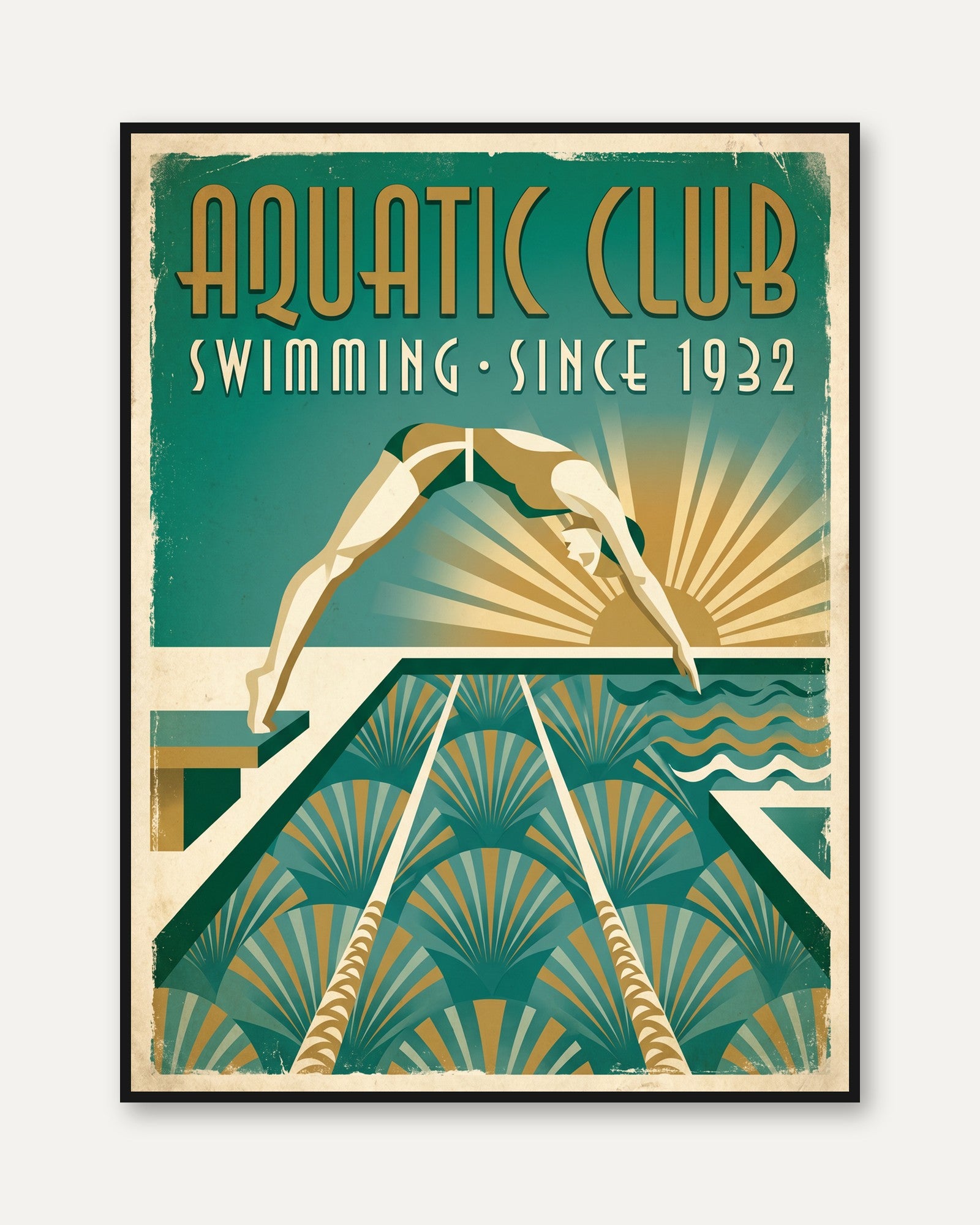 Aquatic Club Art Deco Poster: Vintage Swimming Pool Print - framed