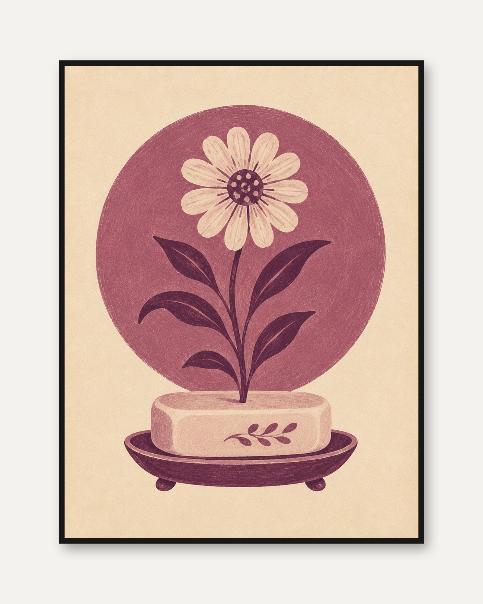 Folk Art Daisy Print: Vintage Mauve Botanical Illustration - framed