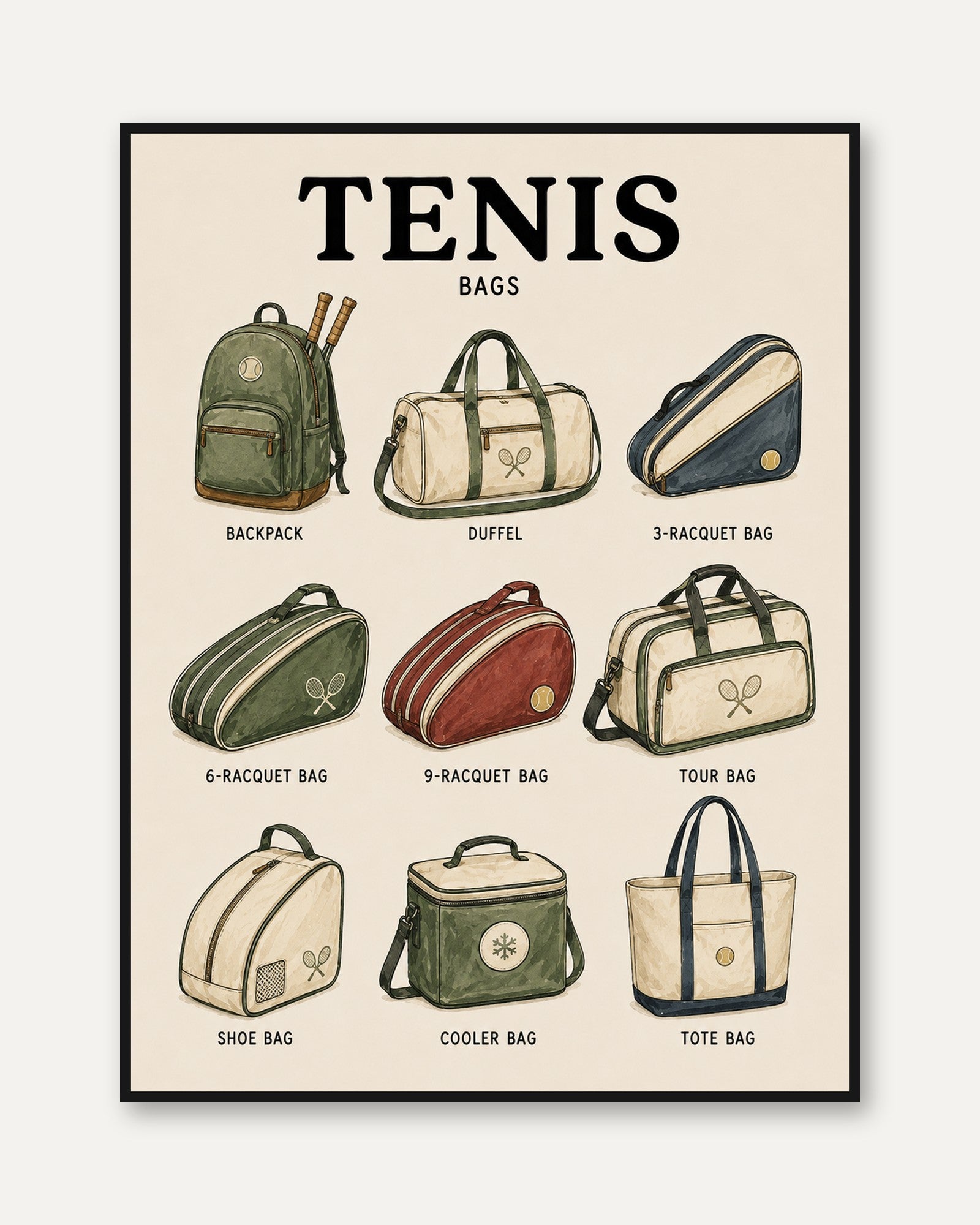 Tennis Bags Art Print — Vintage Sports Illustration - framed