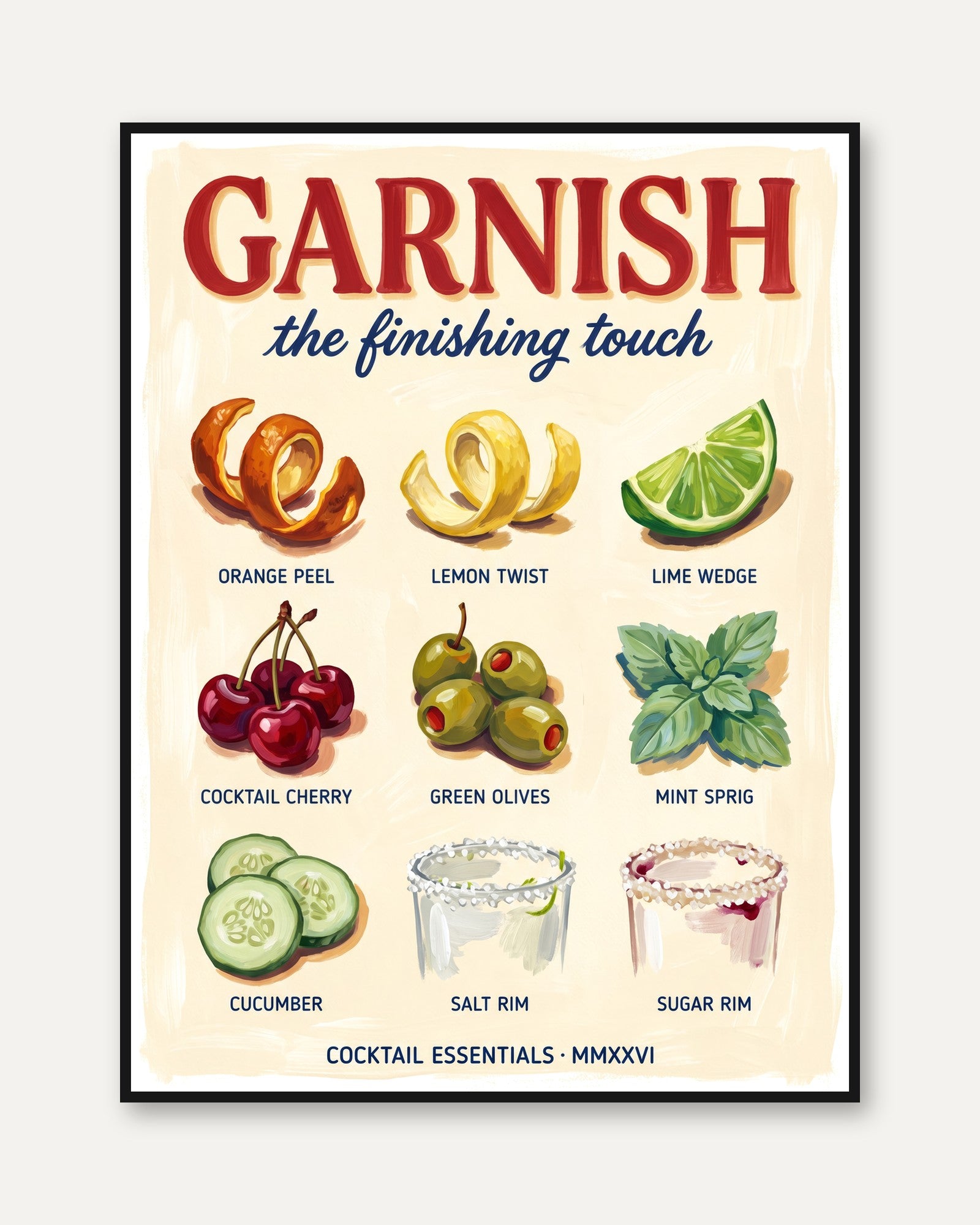 Mixology Art Poster: Vintage Cocktail Garnishes - framed
