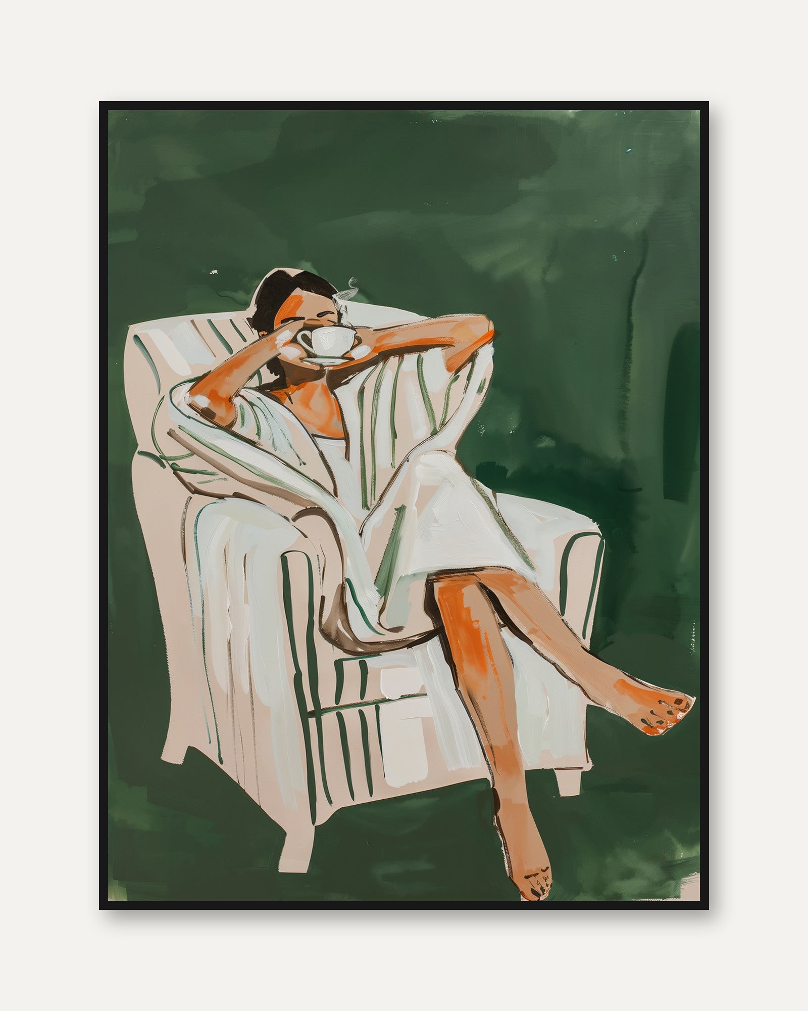 Relaxing Woman Wall Art Print – Emerald Green - framed