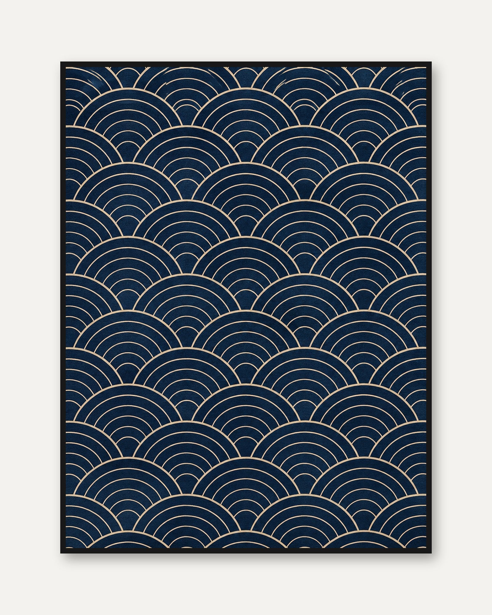 Wave Pattern Wall Art: Traditional Japanese Seigaiha (Navy & Gold) - framed