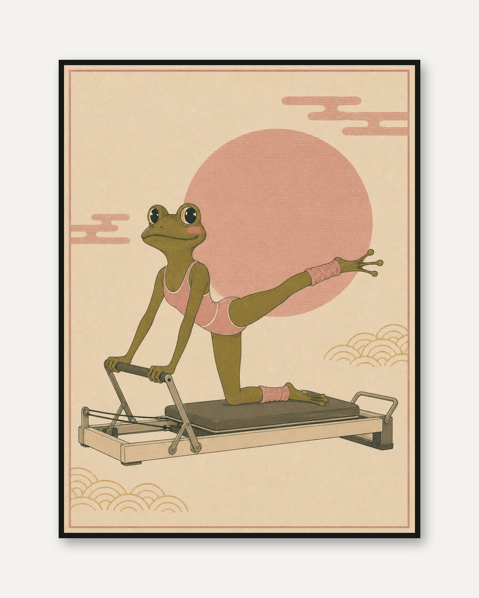 Pilates Frog Art Print: Whimsical Japanese Style Illustration - framed
