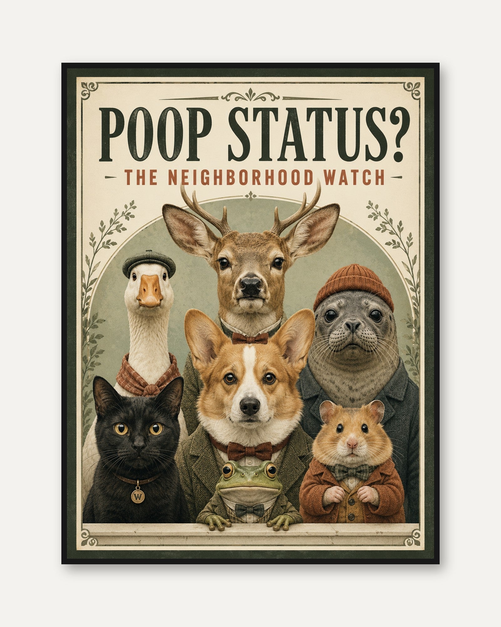 Funny Bathroom Print: Poop Status Neighborhood Watch Animals - framed
