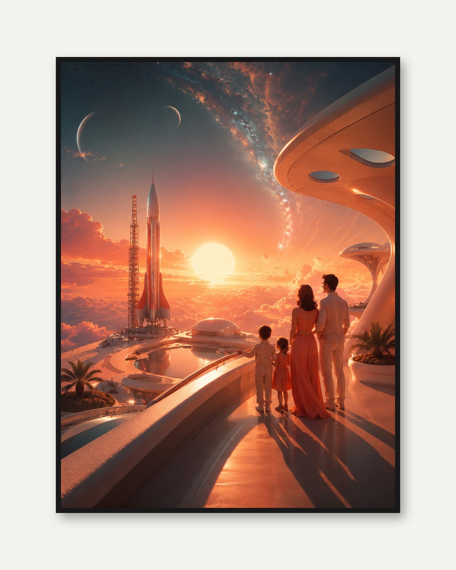Retro Futuristic Space Colony Art Print: Orange Sunset Vision - framed