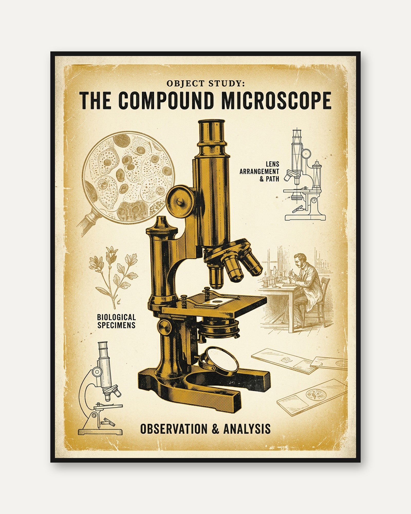Vintage Compound Microscope Poster: Scientific Illustration Art - framed