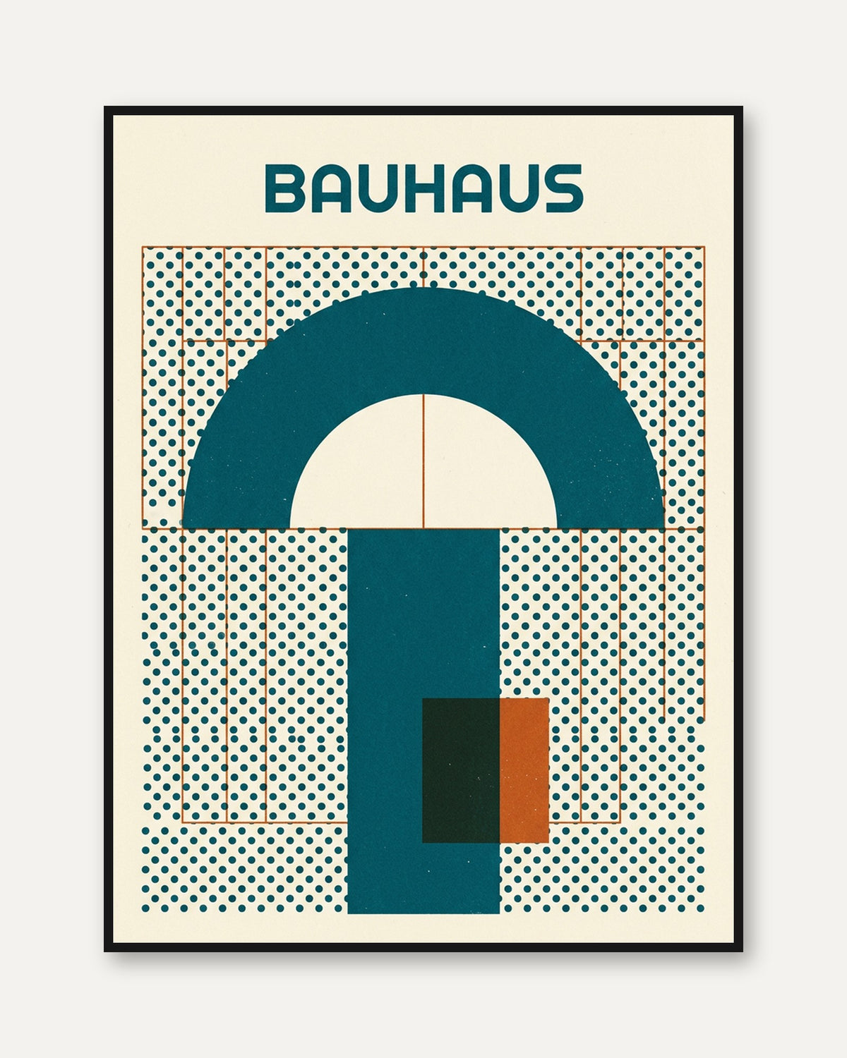 Bauhaus Geometric Arch Print: Teal and Cream Modernist Design - framed