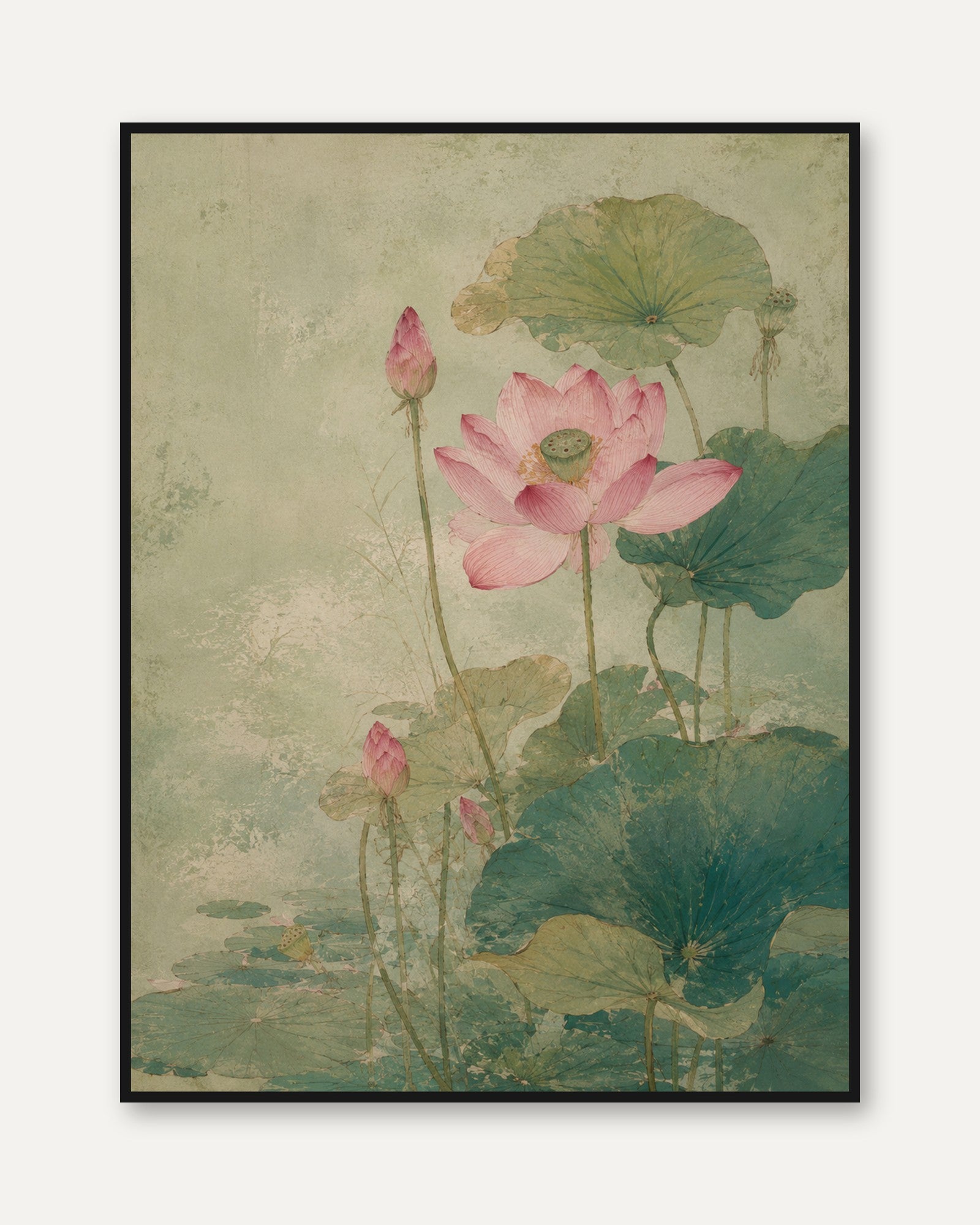 Pink Lotus Botanical Print: Vintage Asian Watercolor Art - framed