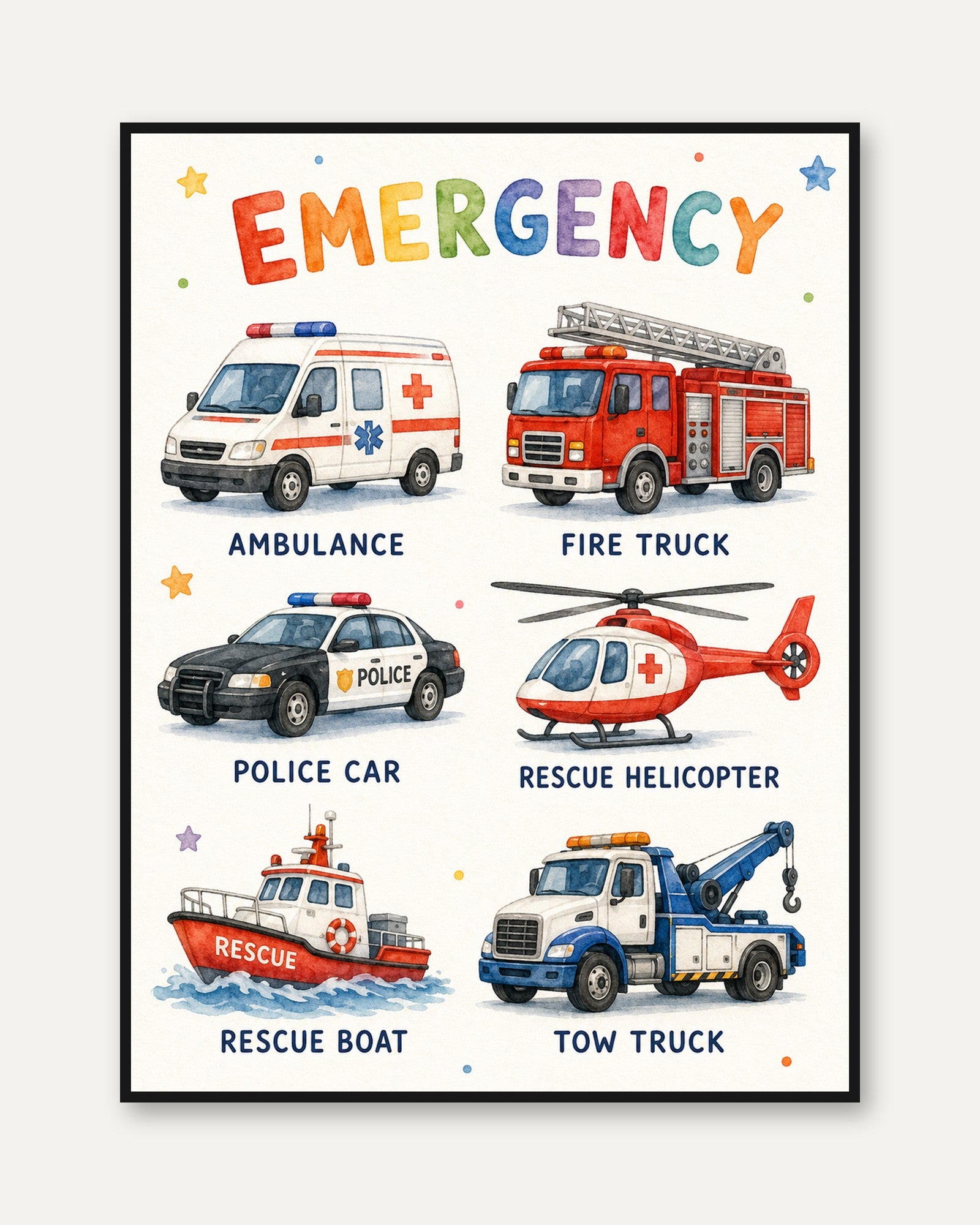 Watercolor Emergency Vehicles Print - framed