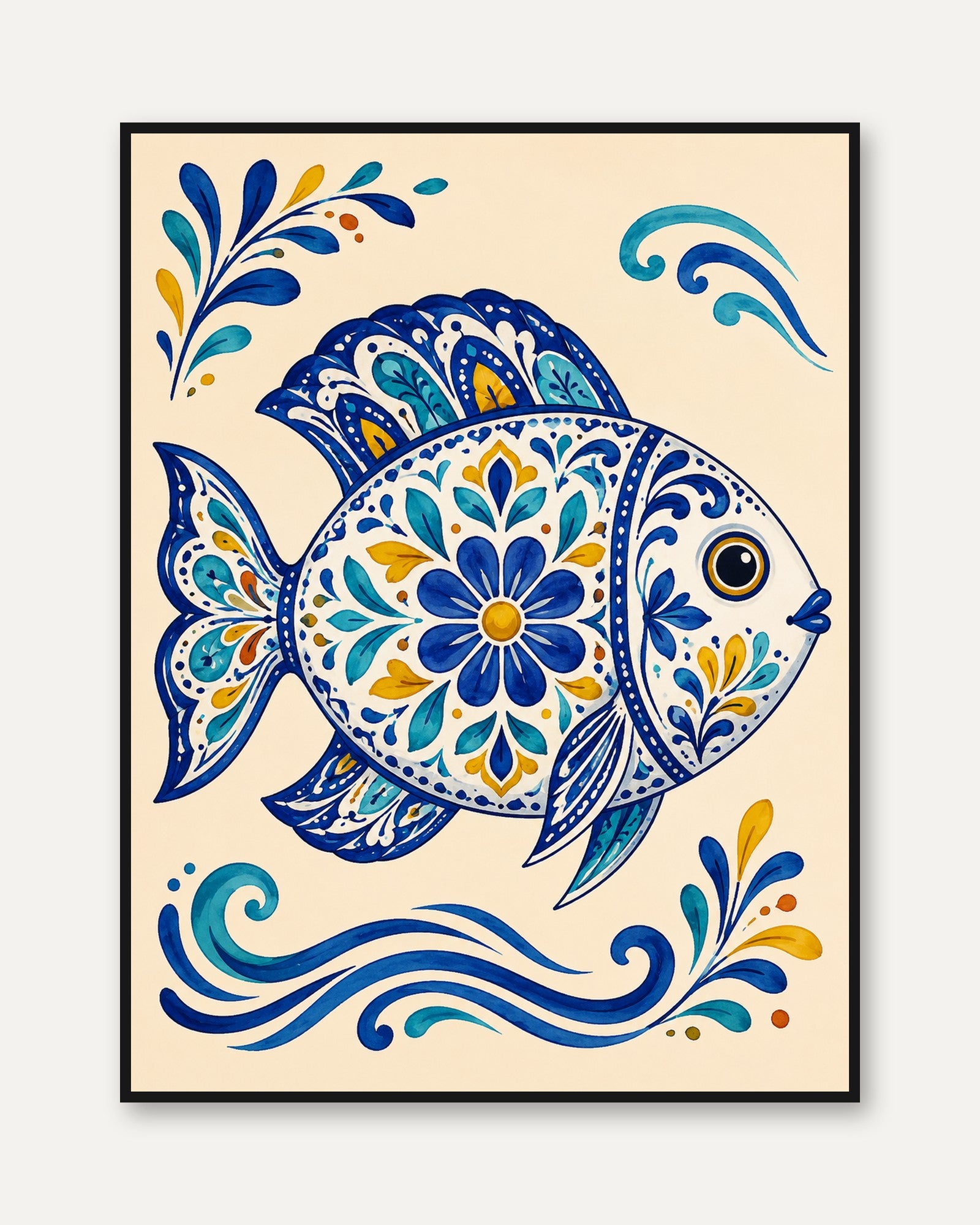Folk Art Fish Print – Blue Coastal Wave Decor - framed