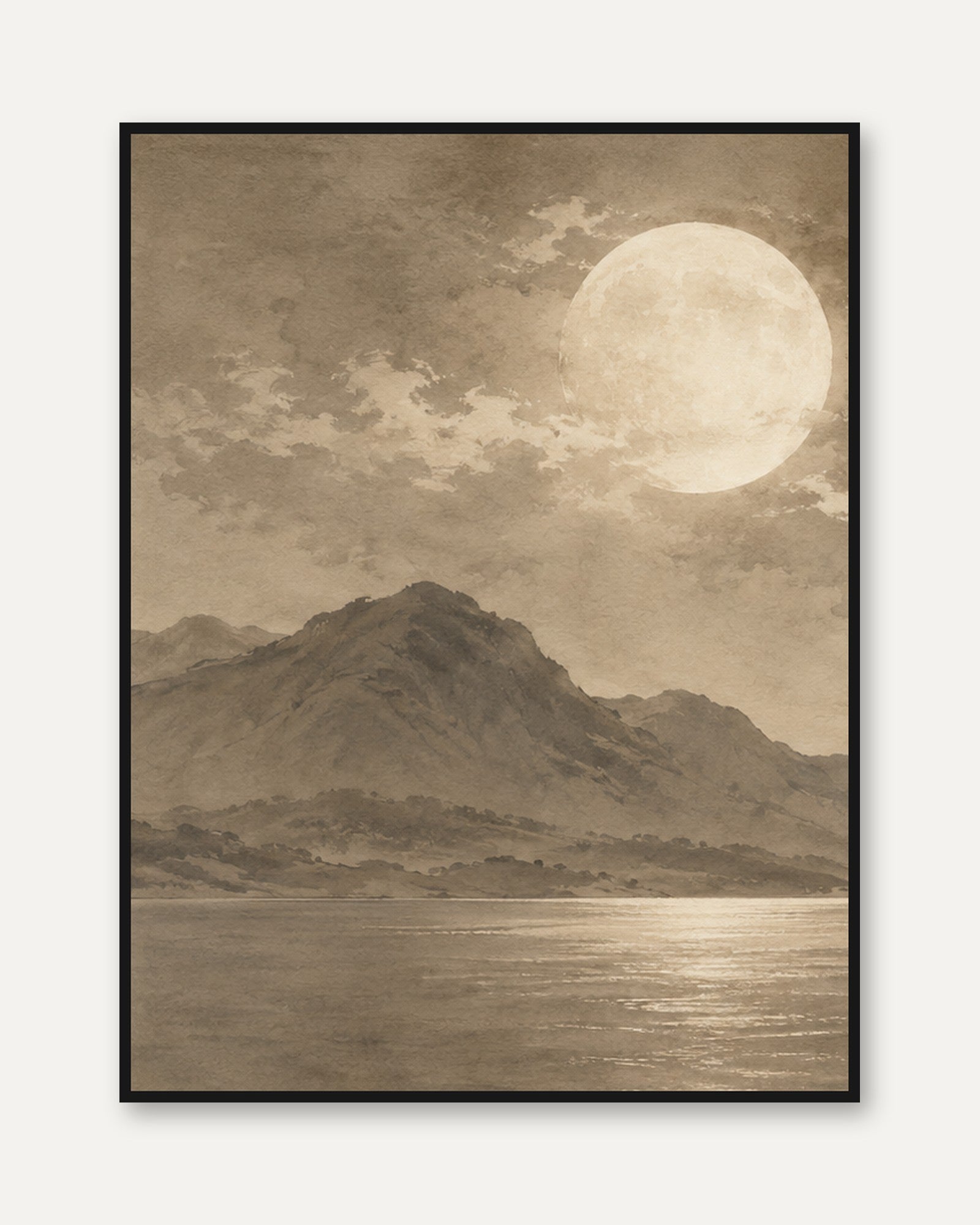 Sepia Moon Landscape Art Print: Vintage Watercolor Seascape - framed