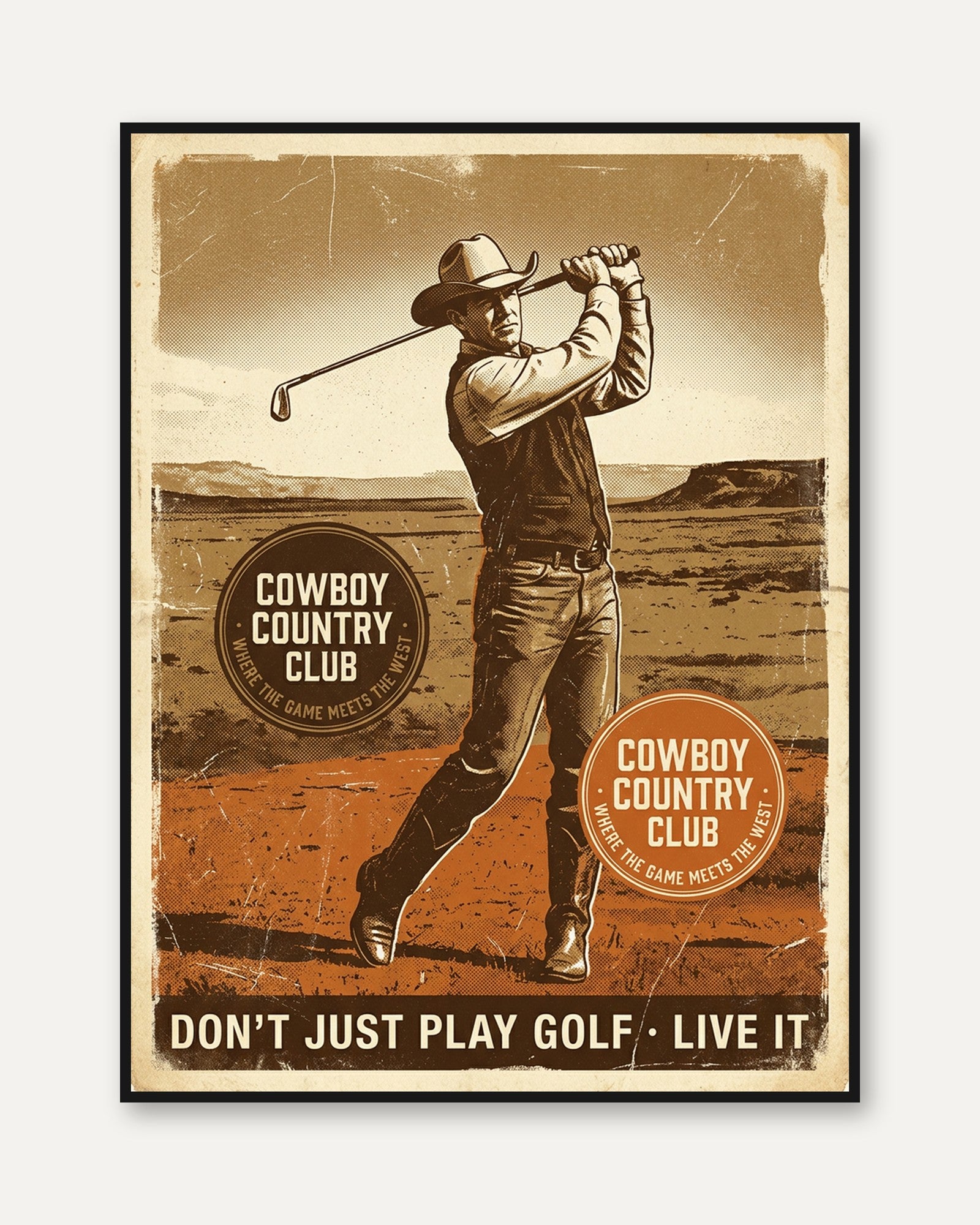 Cowboy Golfer Wall Art: Vintage Western Sports Poster - framed