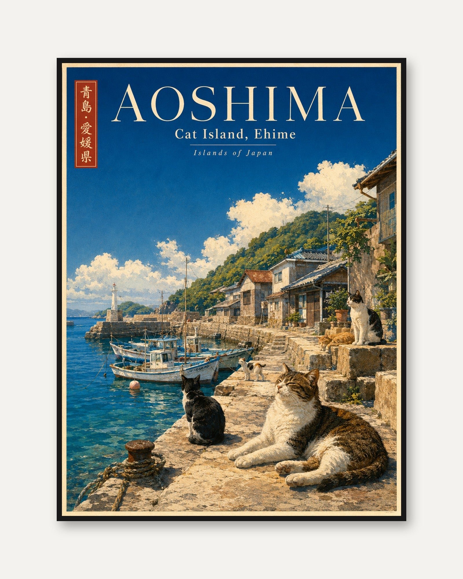 Aoshima Cat Island Print: Vintage Japanese Travel Poster Art - framed