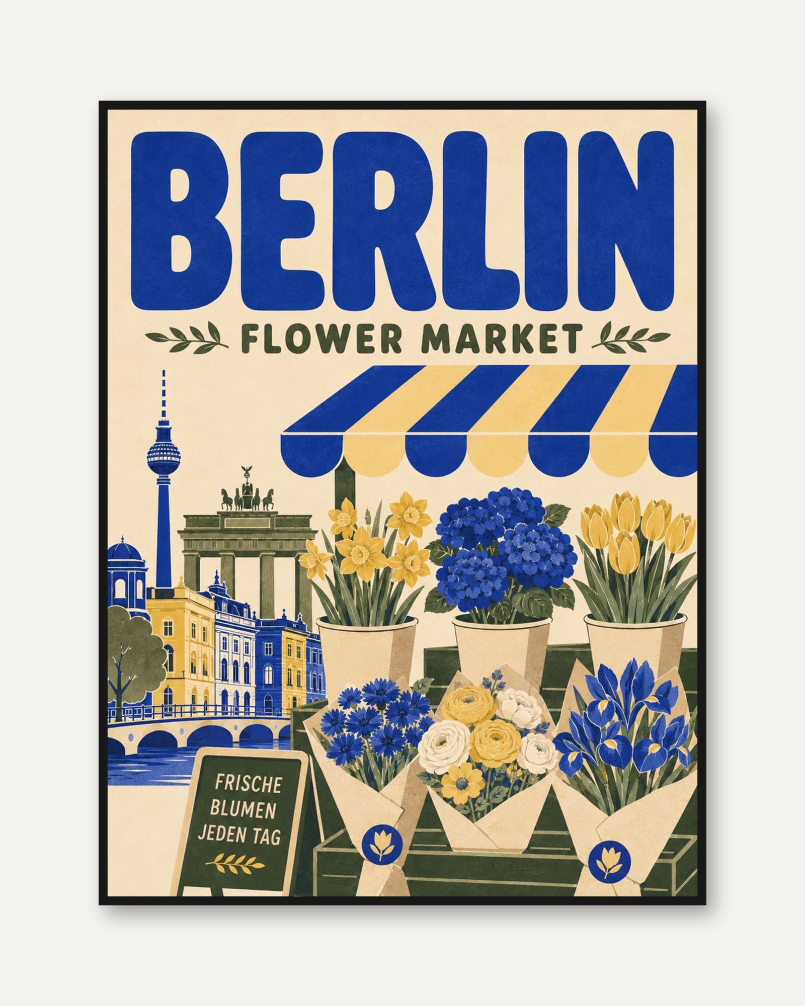 Vintage Berlin Travel Poster: Flower Market Scene (Mid-Century Style) - framed
