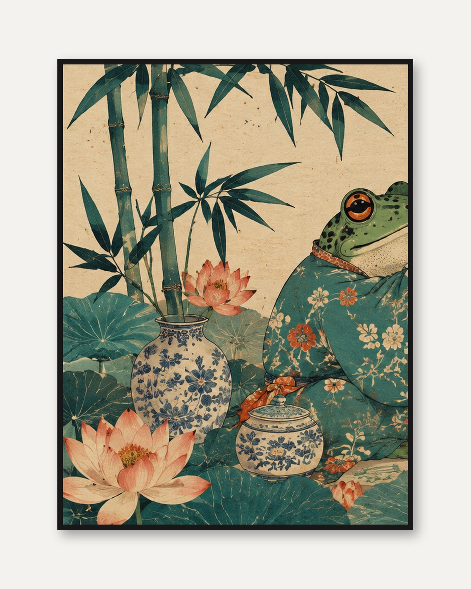 Frog in Kimono with Lotus and Bamboo: Japanese Style Wall Art - framed
