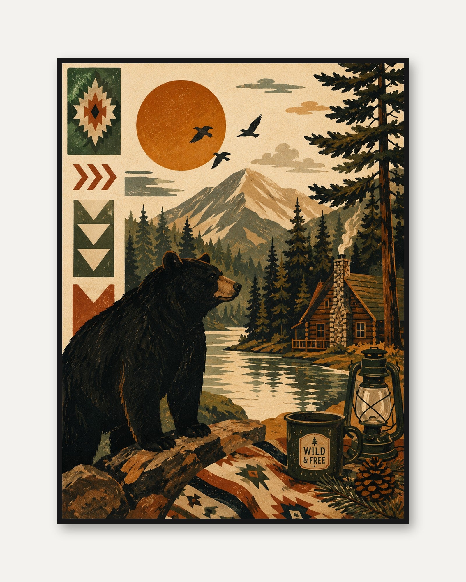 Cabin Wall Art – Rustic Bear Print - framed