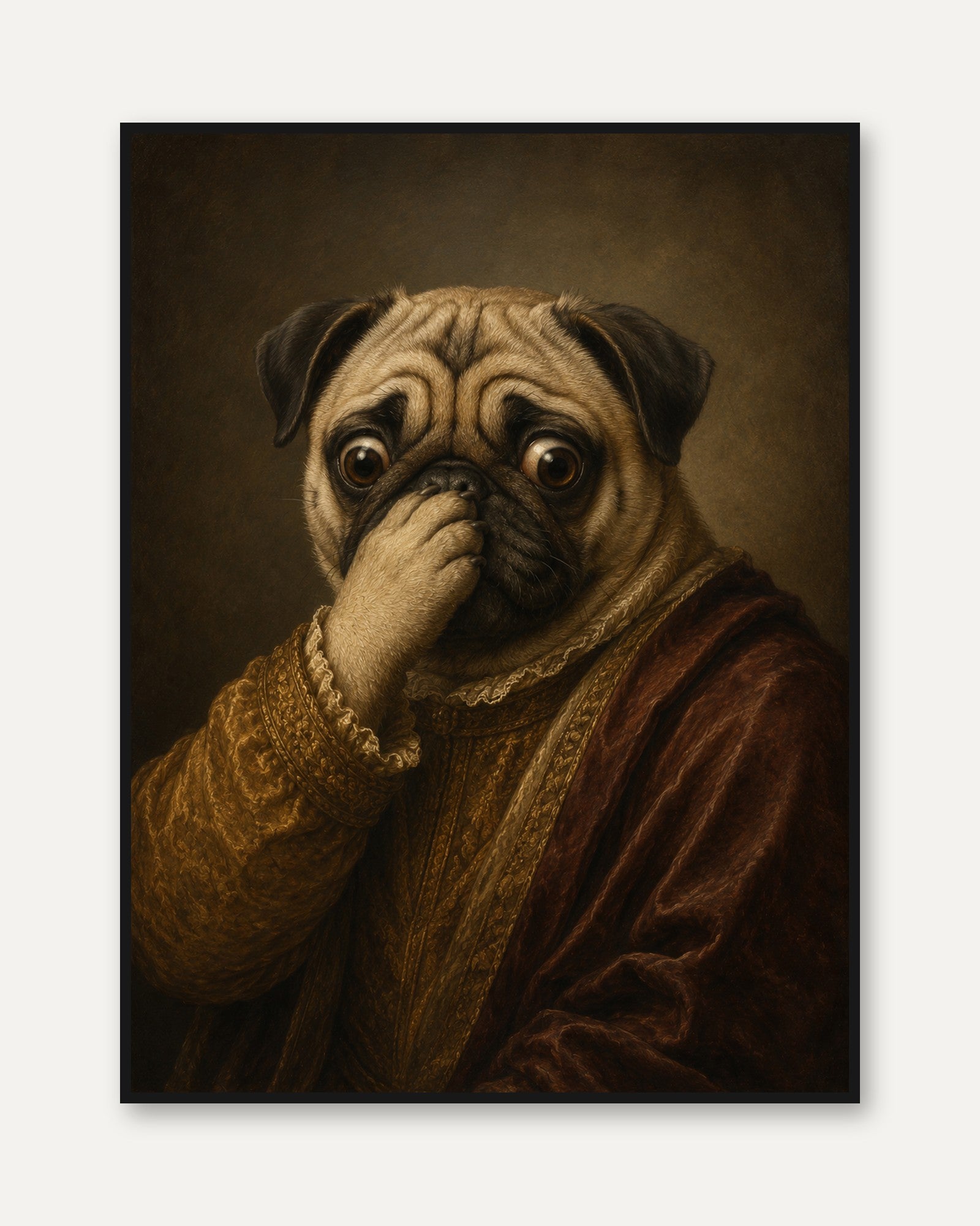 Funny Bathroom Poster Pug Portrait Print: Renaissance Style - framed