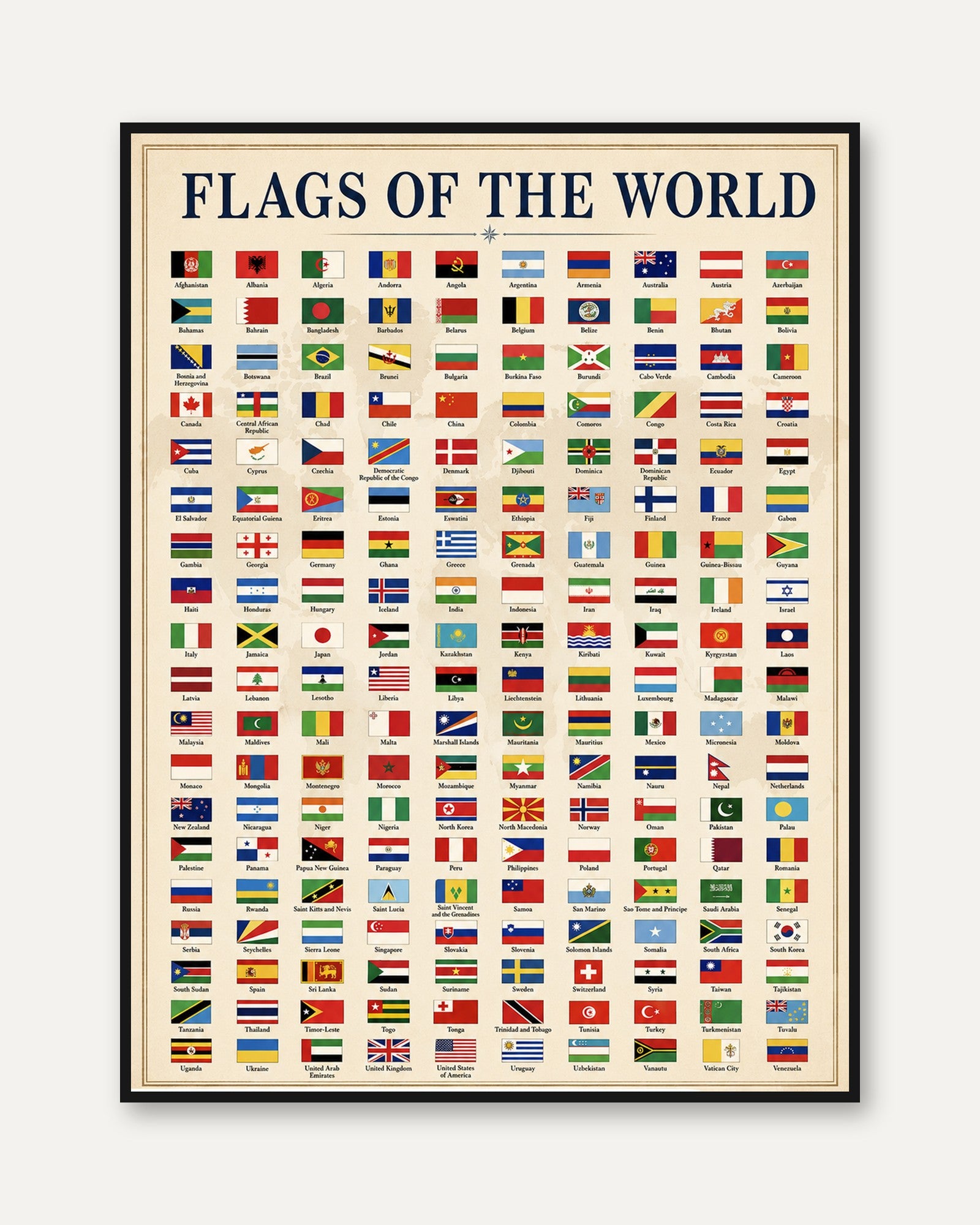 Flags of the World Poster: Vintage Educational Reference Chart - framed