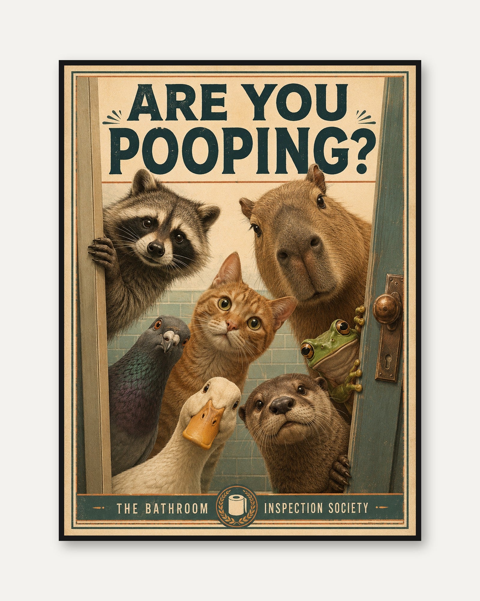Bathroom Decor Print: Quirky Animal Artwork (Vintage Style) - framed