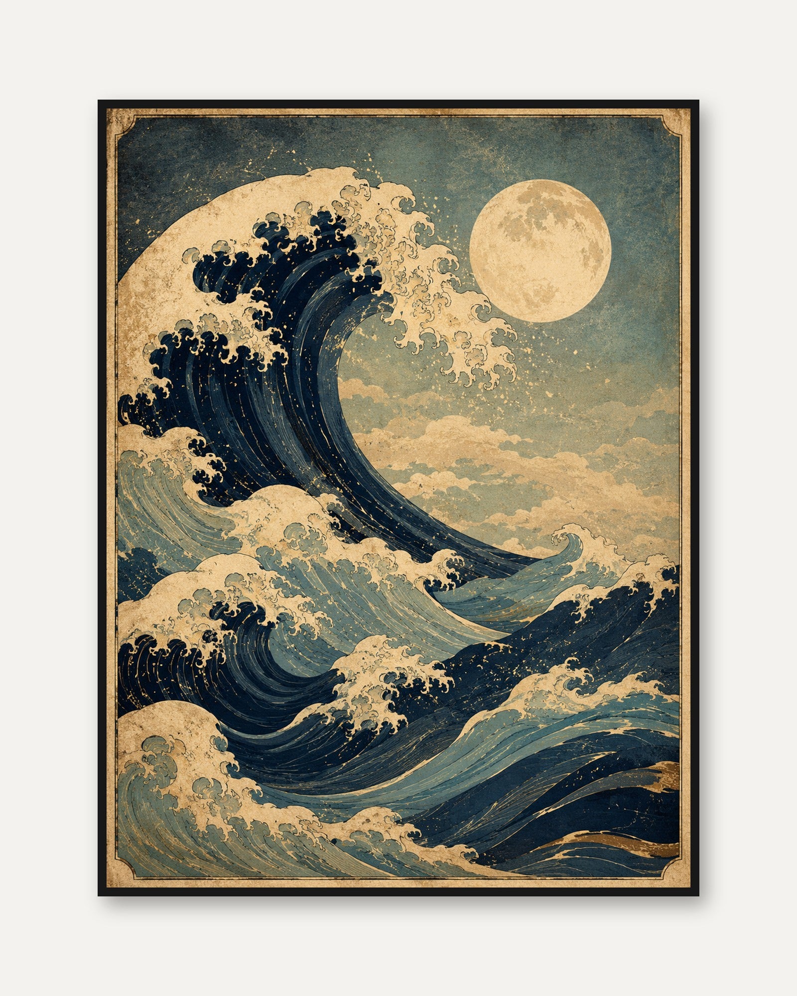 Japanese Wave Print: Ukiyo-e Inspired Ocean and Moon Art - framed