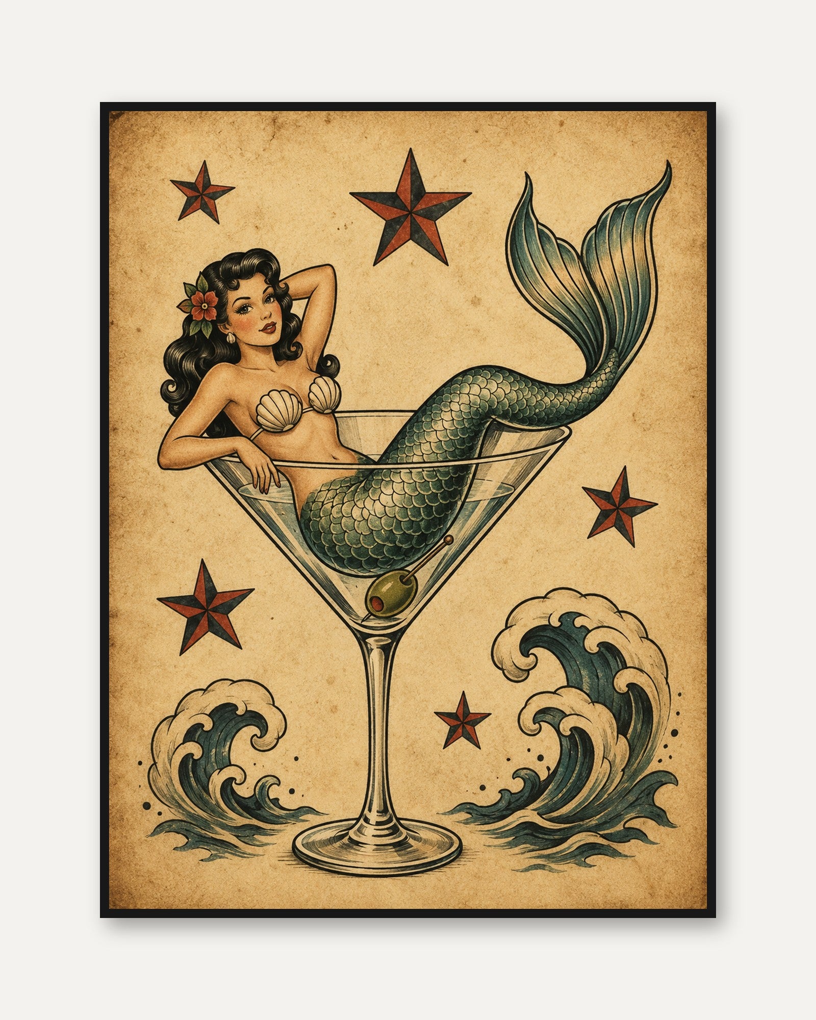 Mermaid Martini Poster: Vintage Tattoo Style Pin-Up Art - framed