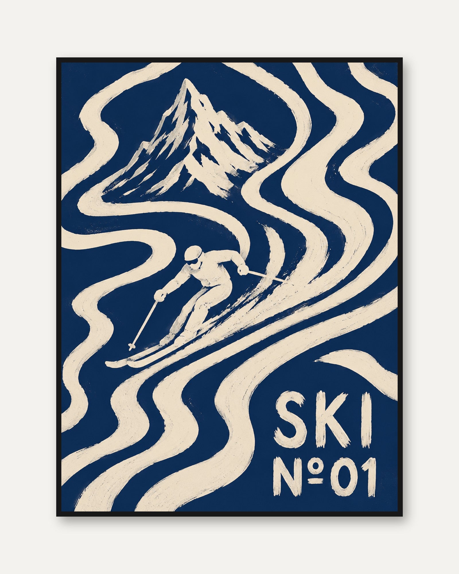Vintage Ski Poster: Art Deco Mountain Design in Navy Blue - framed