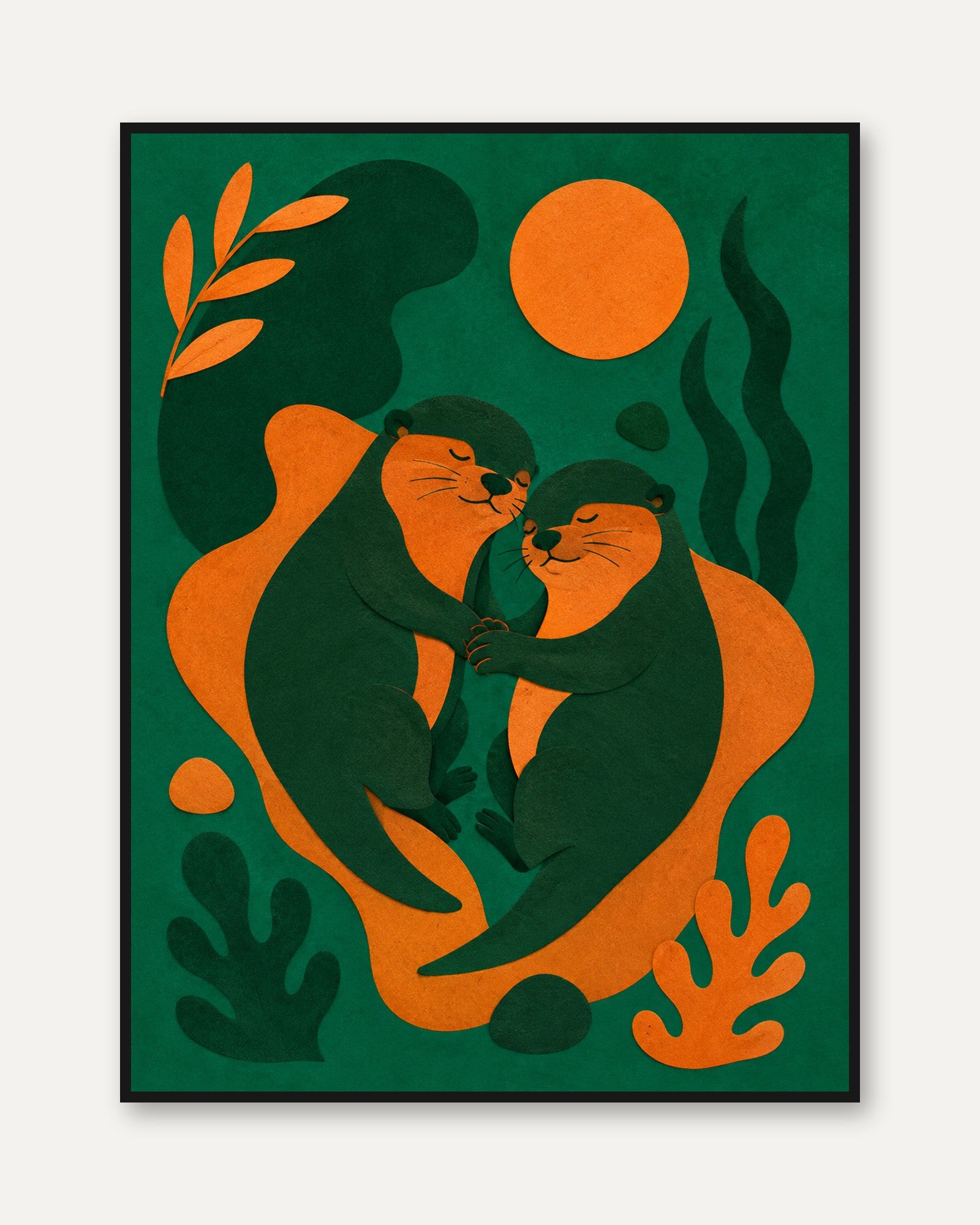 Otter Couple Art Print: Minimalist Green and Orange Wildlife - framed