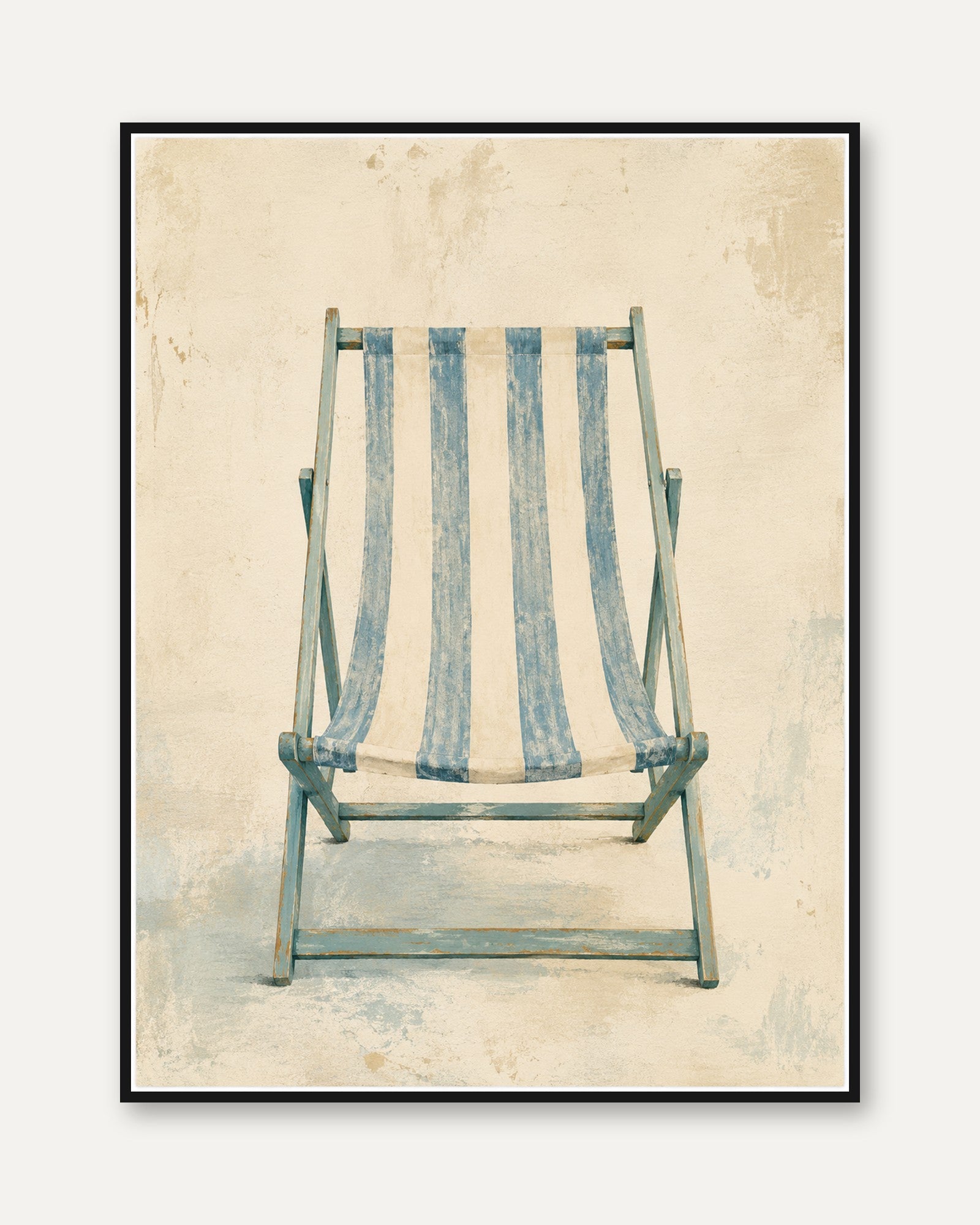 Vintage Beach Chair Art Print: Blue Striped Coastal Decor - framed