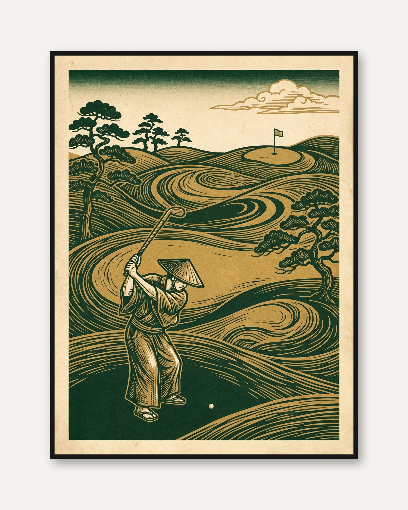 Vintage Japanese Golf Print: Mid-Century Woodblock Art - framed