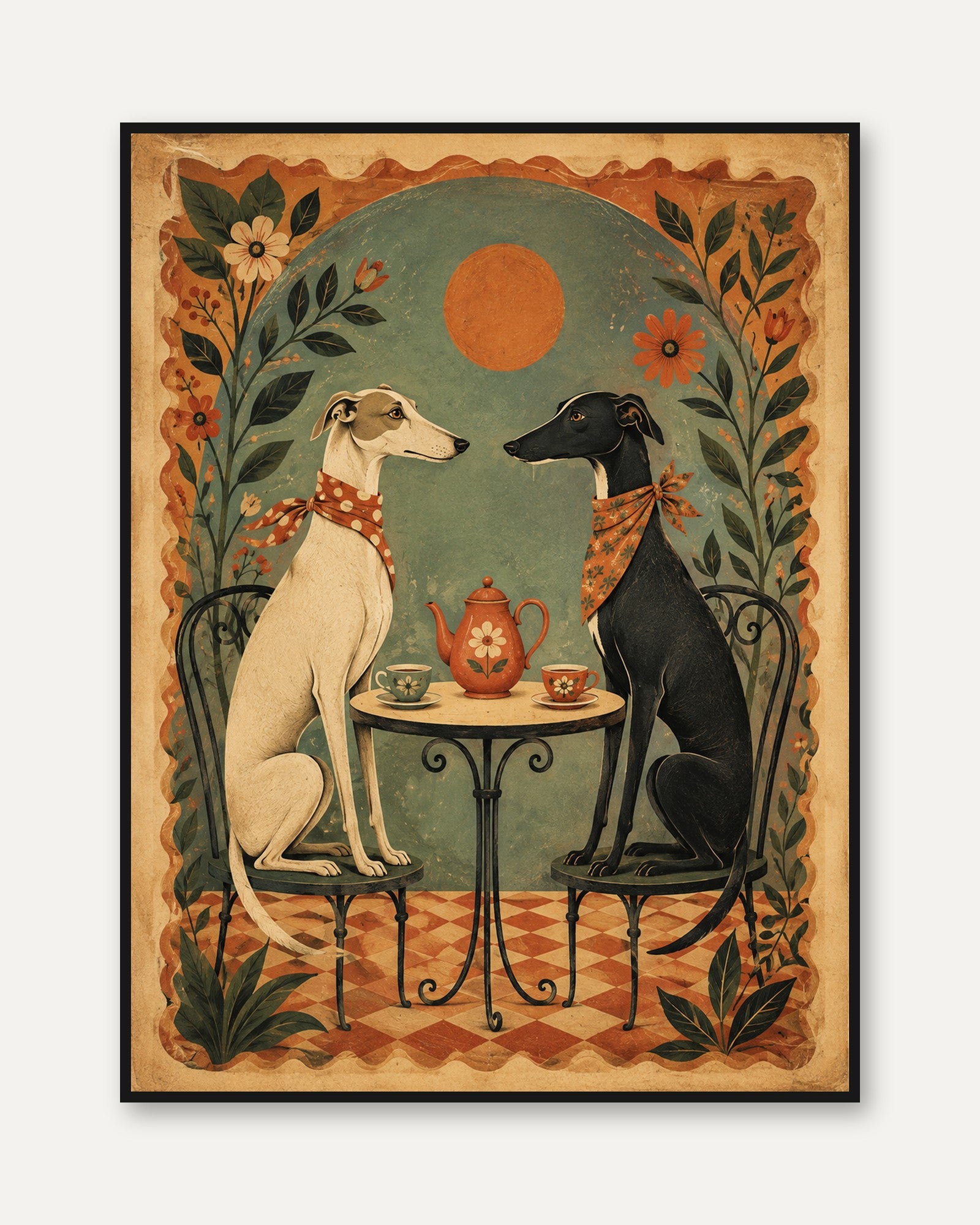 Greyhound Wall Art – Folk Art Dog Print - framed