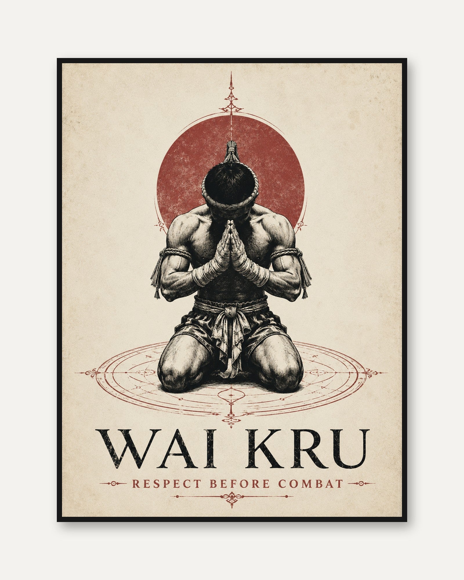 Muay Thai Fighter Wall Art: Vintage Red Circle Prayer Poster - framed